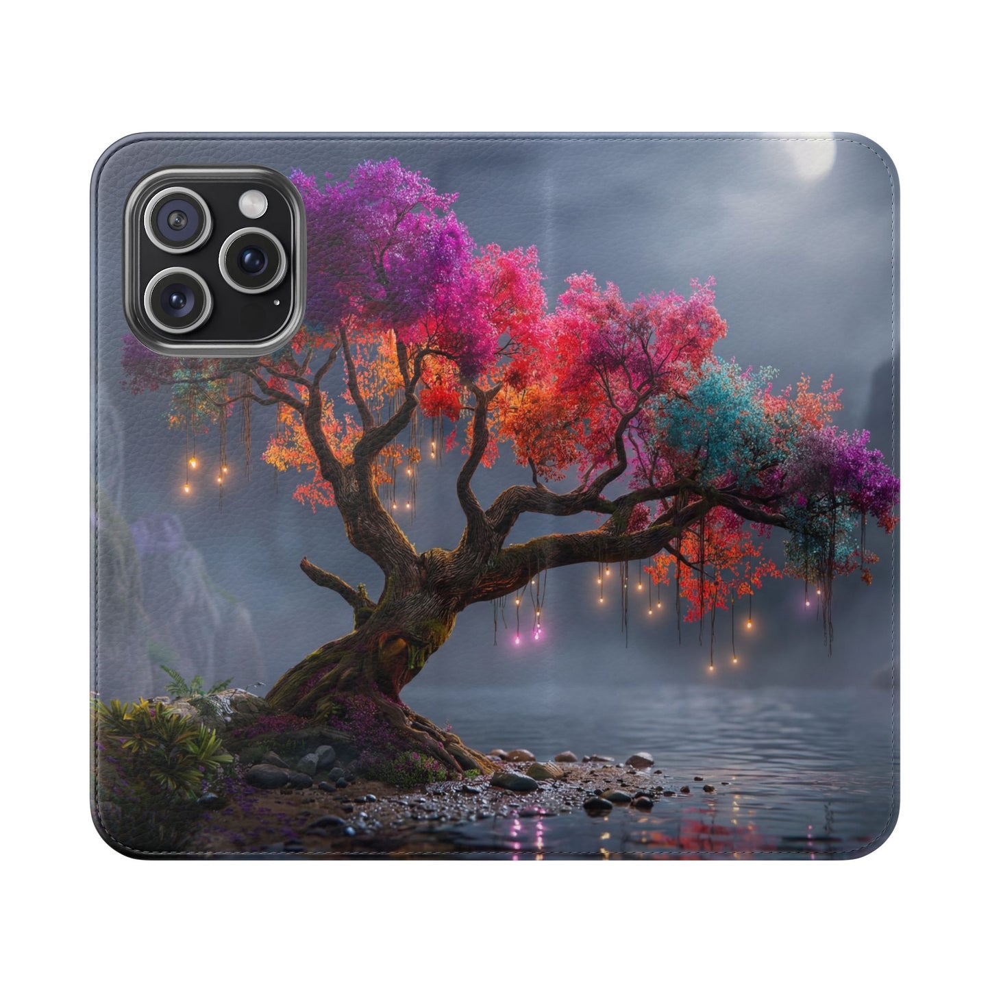 Chromatic Canopy Flip Cases – Rainbow Tree Moonlit Waterfall Scene