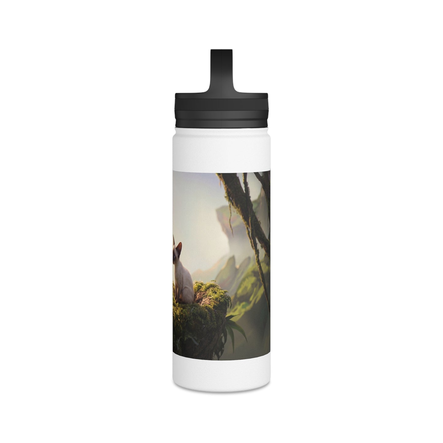 Winged Siamese Kittens Stainless Steel Water Bottle, Handle Lid – Morning Light in the Ancient Grove