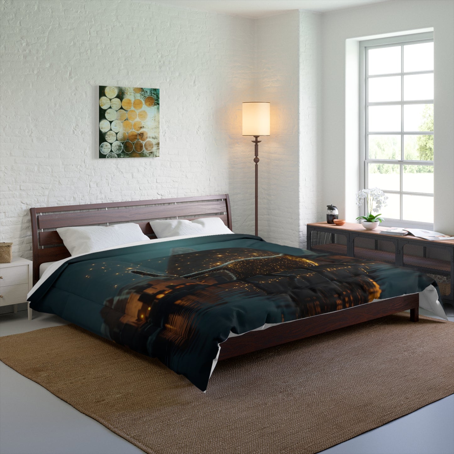 Starlit Cat Comforter – Ancient Egyptian Nightscape with Glowing Feline