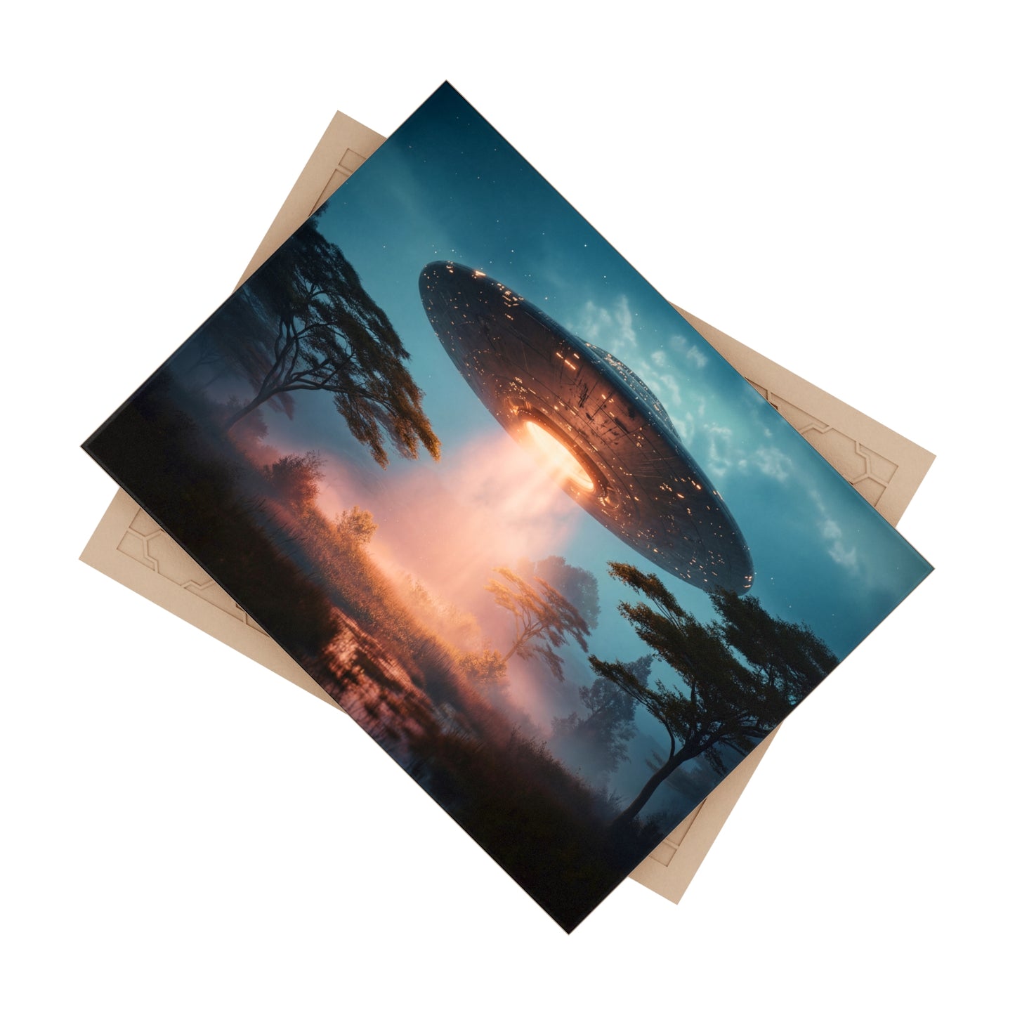 UFO Over Savannah Ceramic Photo Tile – Warm Light on Misty Earth