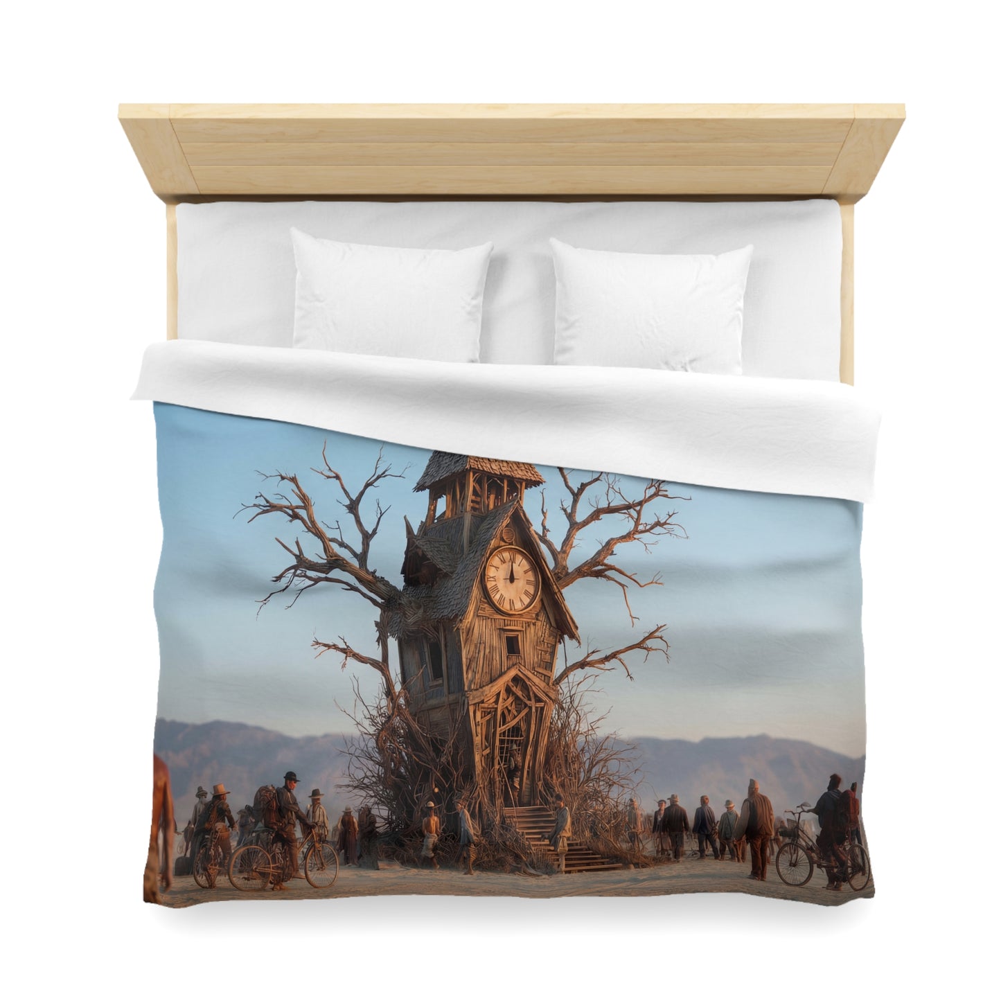 Timekeeper Tree Microfiber Duvet Cover – Dusty Wood Clocktower Sunset