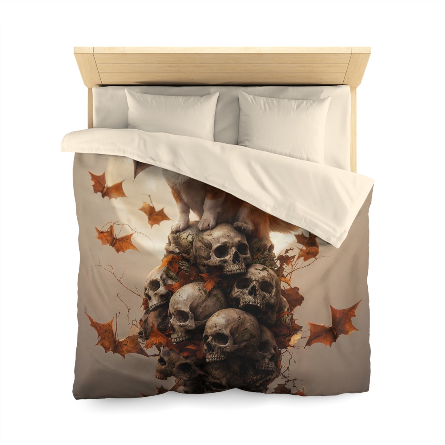 Bat-Winged Corgi Duvet Cover – Moonlit Skull Throne Dreamscape