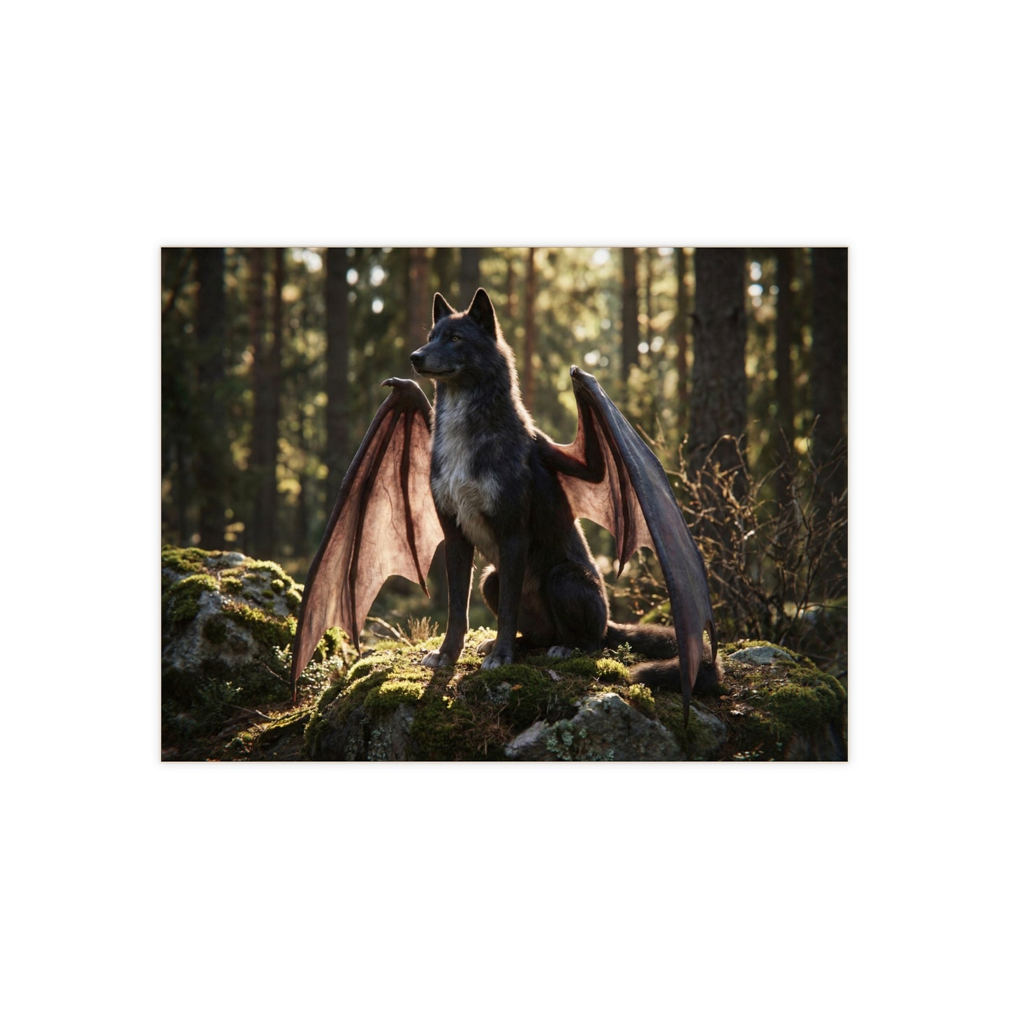 Winged Wolf in Sunlit Forest Ceramic Photo Tile – Guardian of the Mossy Glade