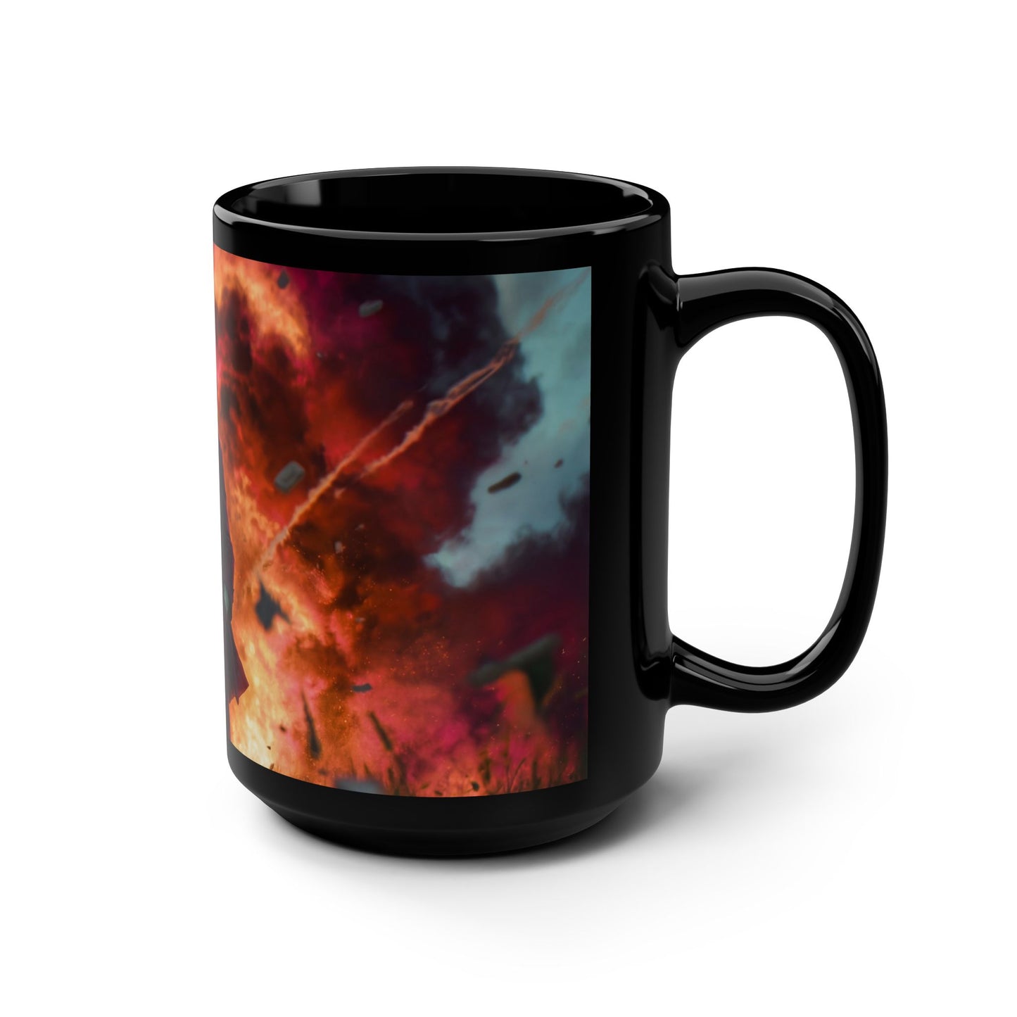 Chaos Suit Black Mug, 15oz – Goggles and Explosive Backdrop