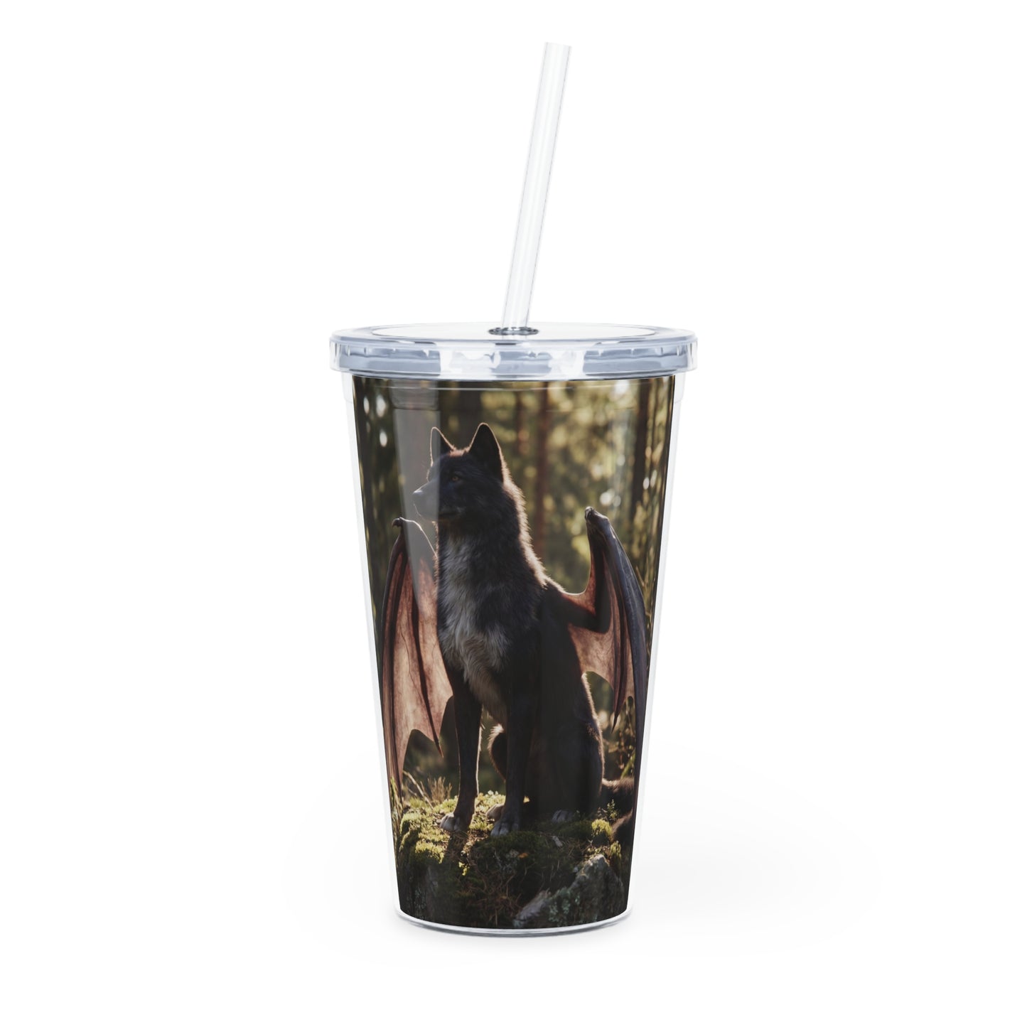 Dragon Wolf in Sunlit Woods Plastic Tumbler with Straw – Guardian of the Mossy Glade