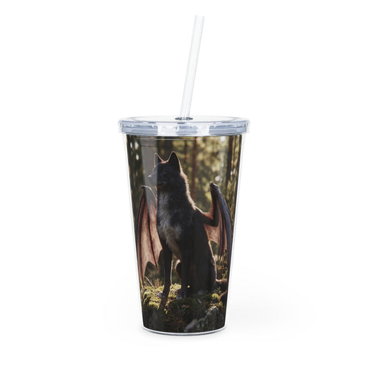 Dragon Wolf in Sunlit Woods Plastic Tumbler with Straw – Guardian of the Mossy Glade