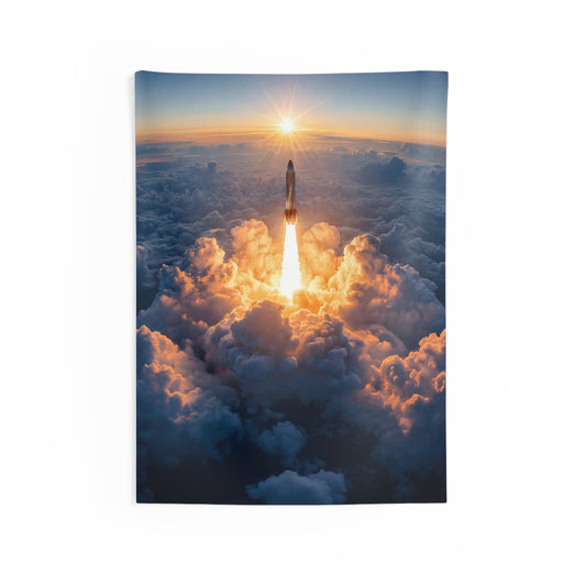 Sunburst Rocket Launch Indoor Wall Tapestries – Ascending Through Clouds at Dawn