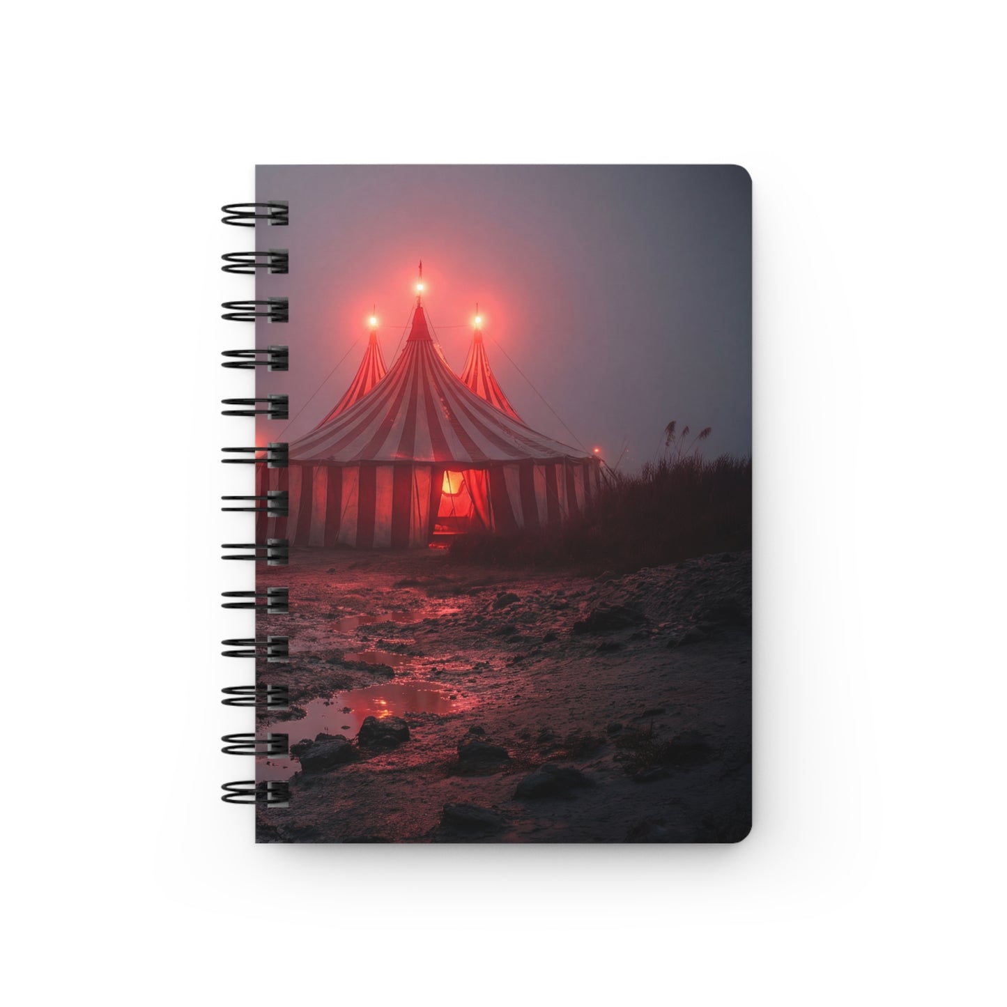 Crimson Carnival Tent Spiral Bound Journal – Foggy Shoreside Wonder