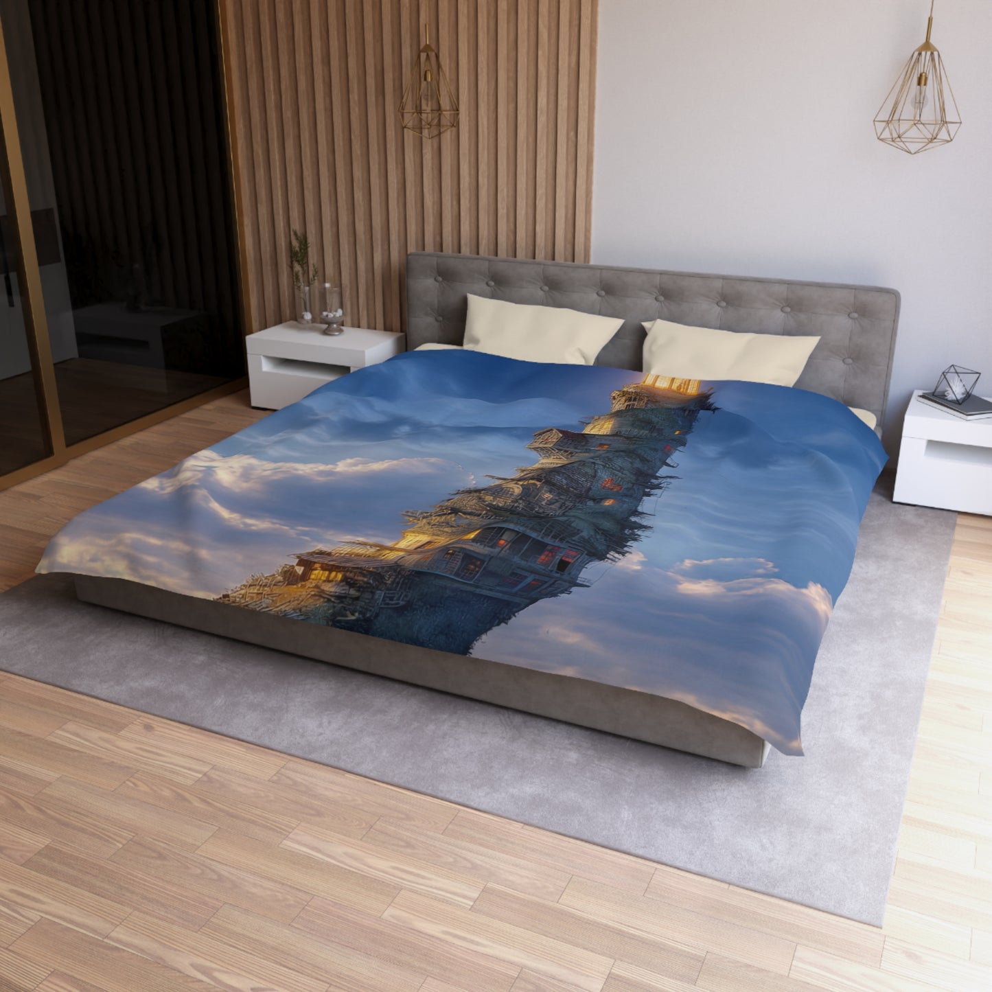 Skyward Lighthouse Microfiber Duvet Cover – A Beacon Through Twilight Clouds