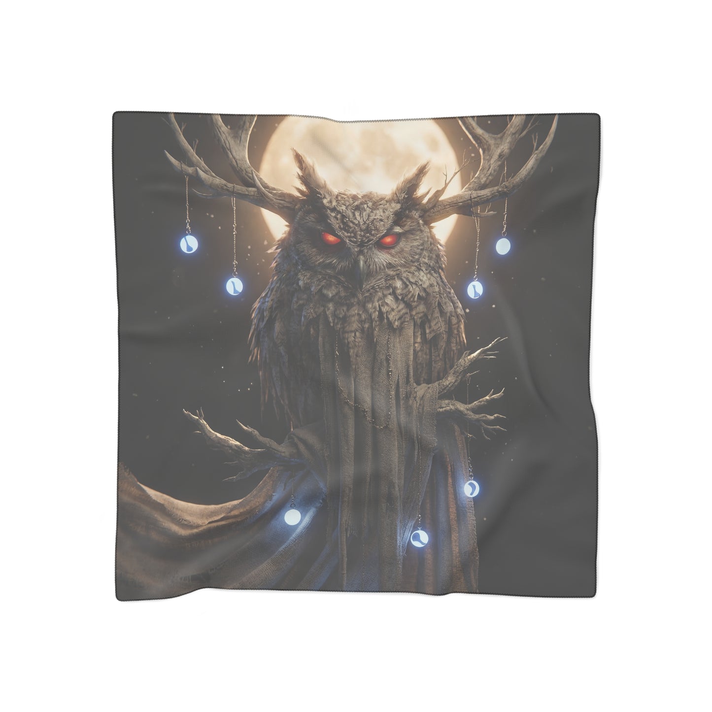 Moonlit Owl Sentinel Poly Scarf – Crimson Gaze Beneath the Full Moon