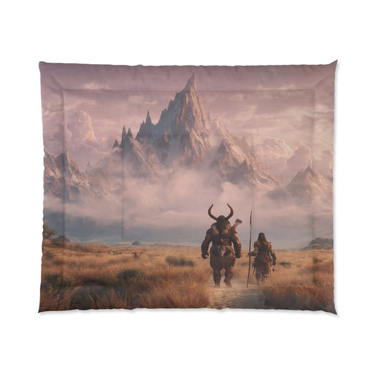 Two Travelers Before the Snowpeak Comforter – Dawn’s Whispering Mountains