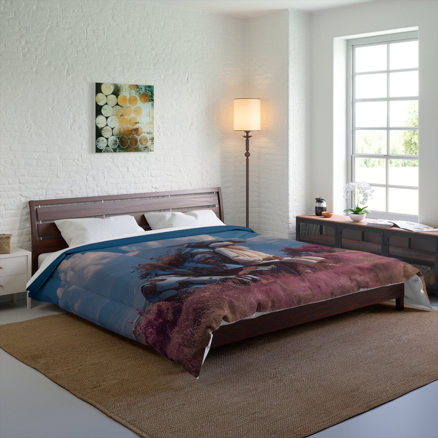 Sage on Mechanical Steed Comforter – Azure Sky and Crimson Bloom Dreamscape