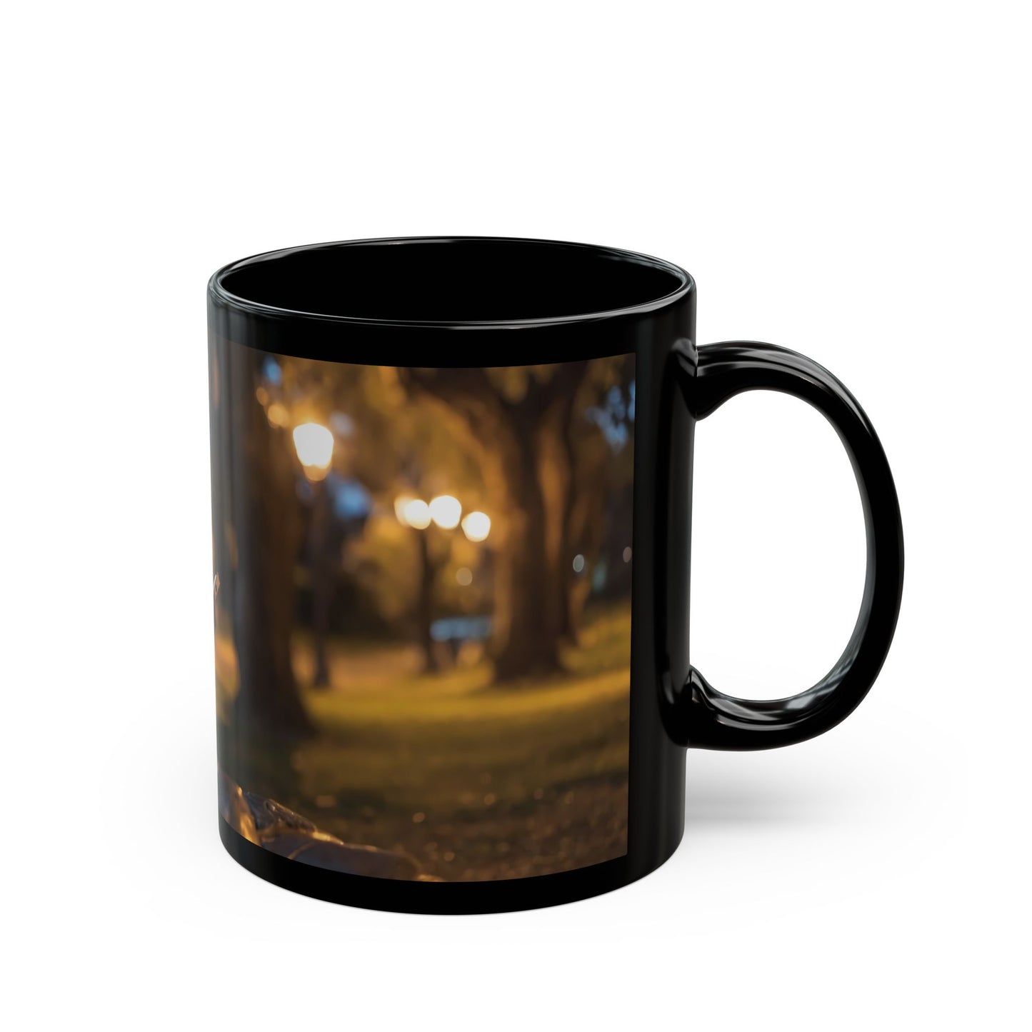 Bronze Statue with Smartphone Mug – Twilight Park Bench Digital Muse