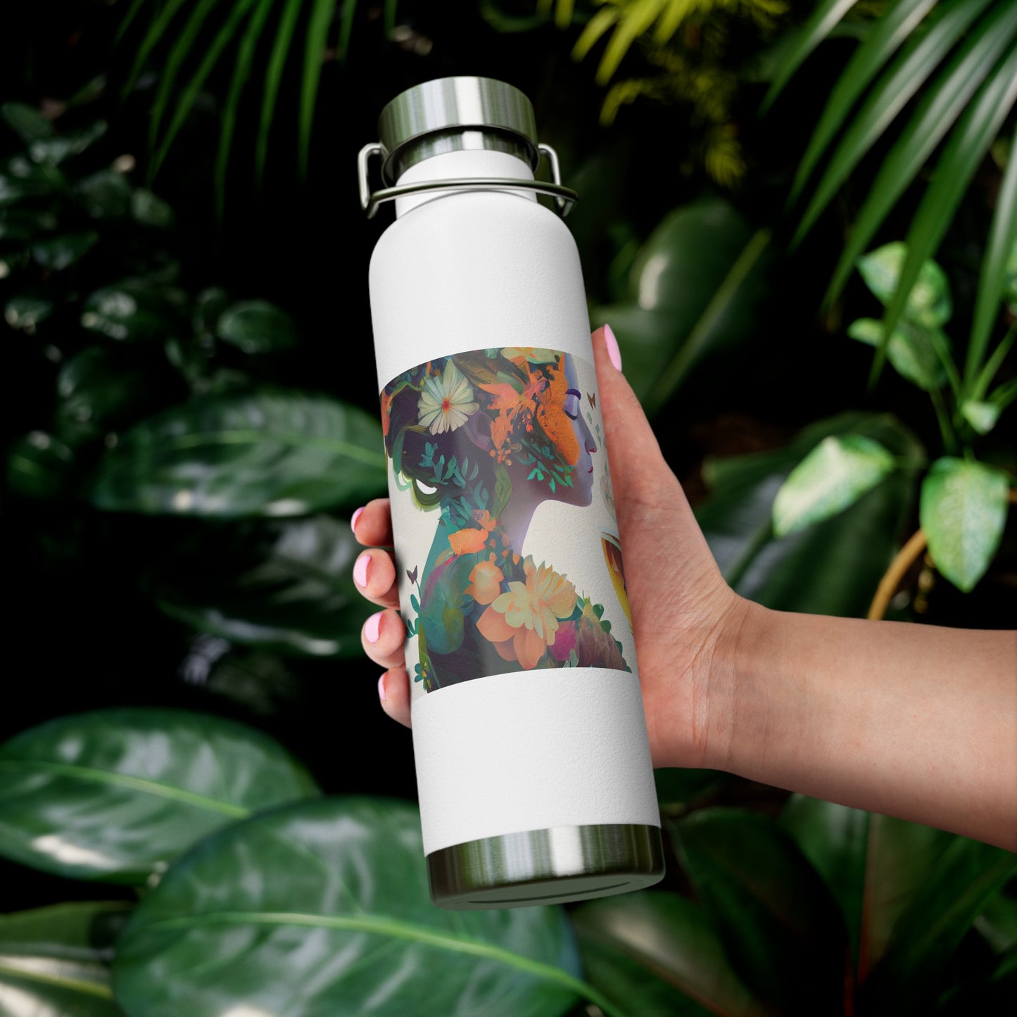 character design, double exposure shot, front profile of a beautiful tea faerie filled with a blooming amazonian jungle, happiness - Copper Vacuum Insulated Bottle, 22oz