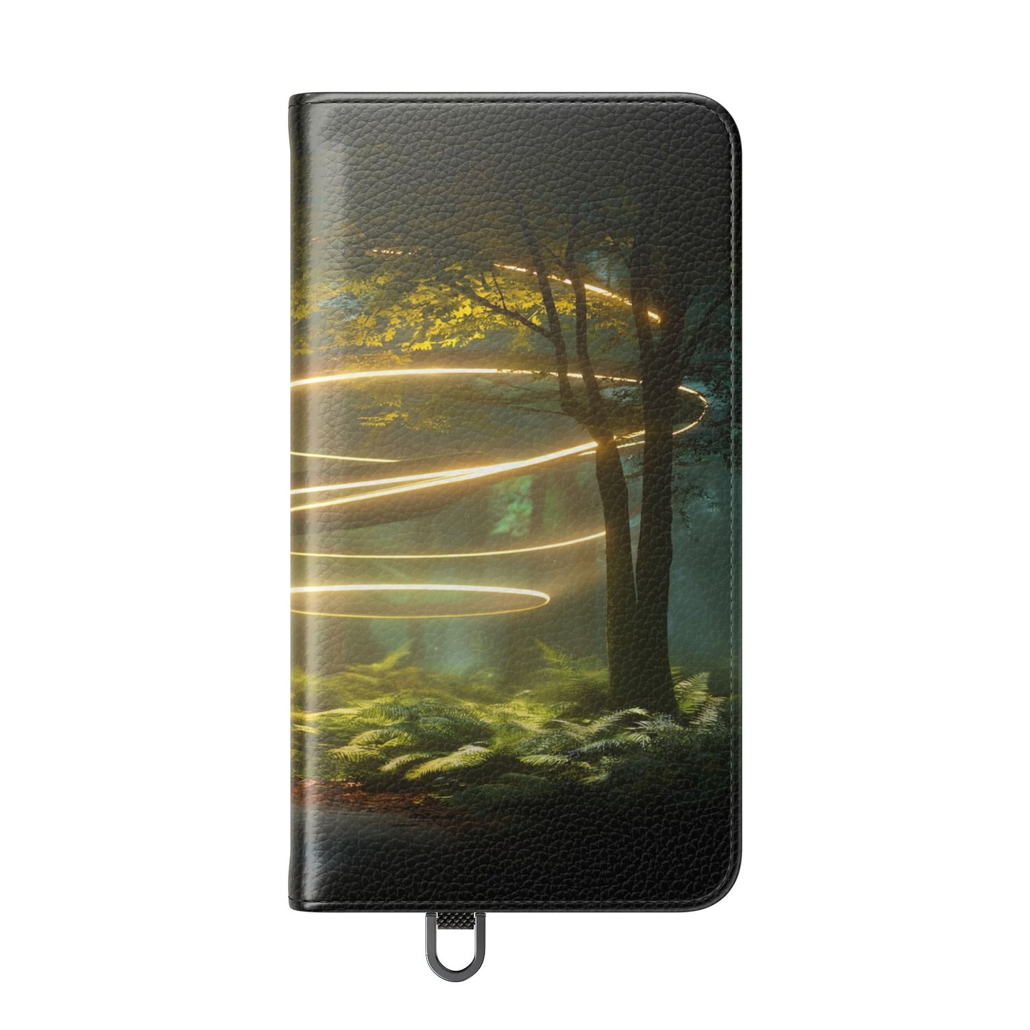 Luminous Spiral Forest Flip Cases – Golden Light Rings Mystery Scene