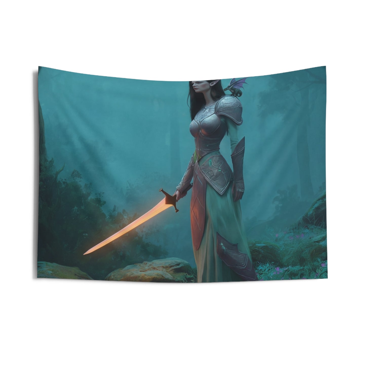Elven Sentinel Indoor Wall Tapestries – Sword Lit by Twilight Moss