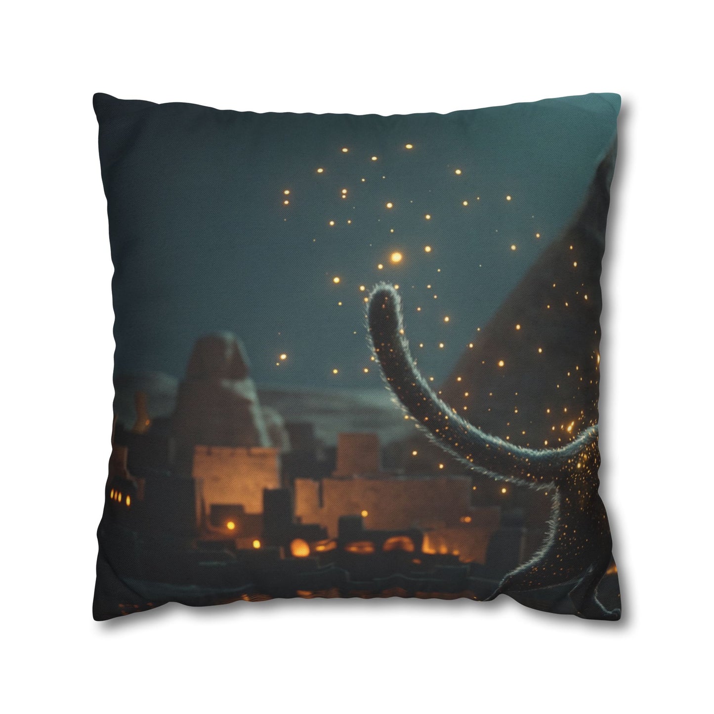 Starlit Cat by Pyramids Spun Polyester Square Pillowcase – Ancient Nightwalk Dreamscape