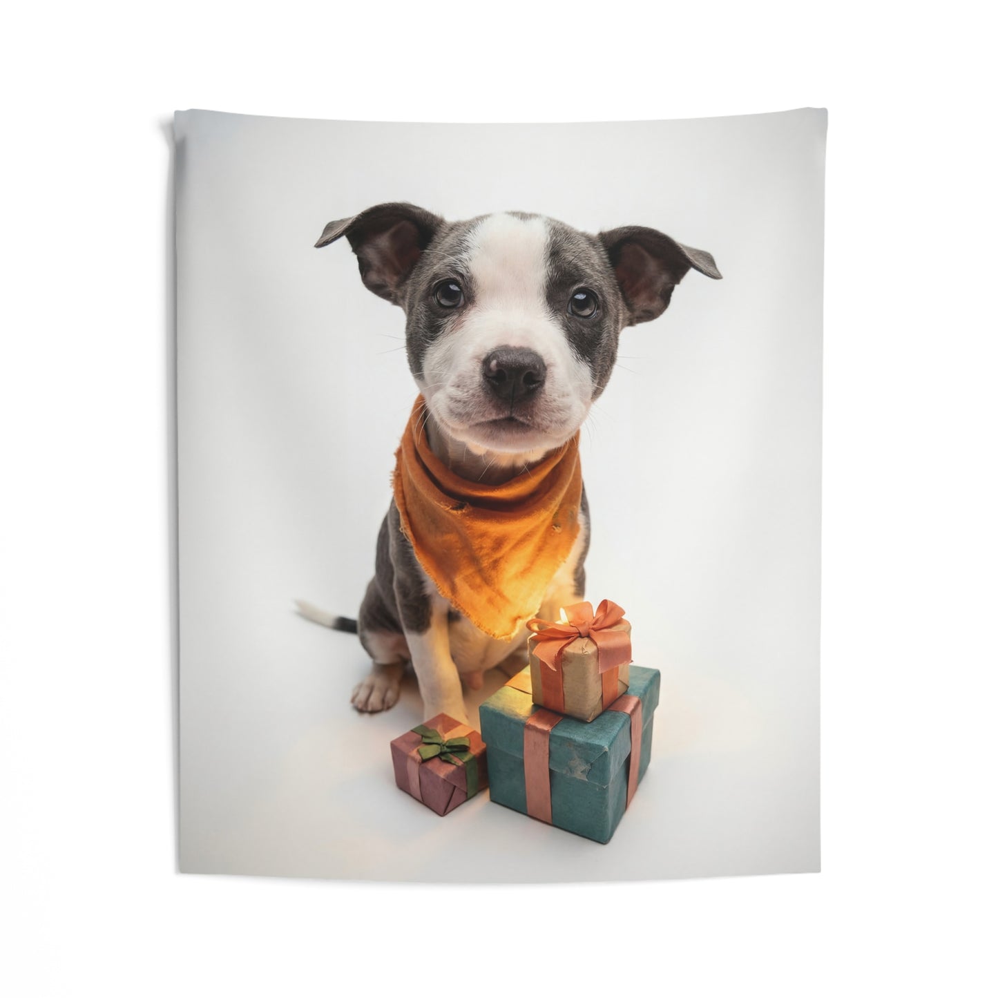 Curious Puppy with Gifts Indoor Wall Tapestries – Warm Orange Bandana and Gift Stack