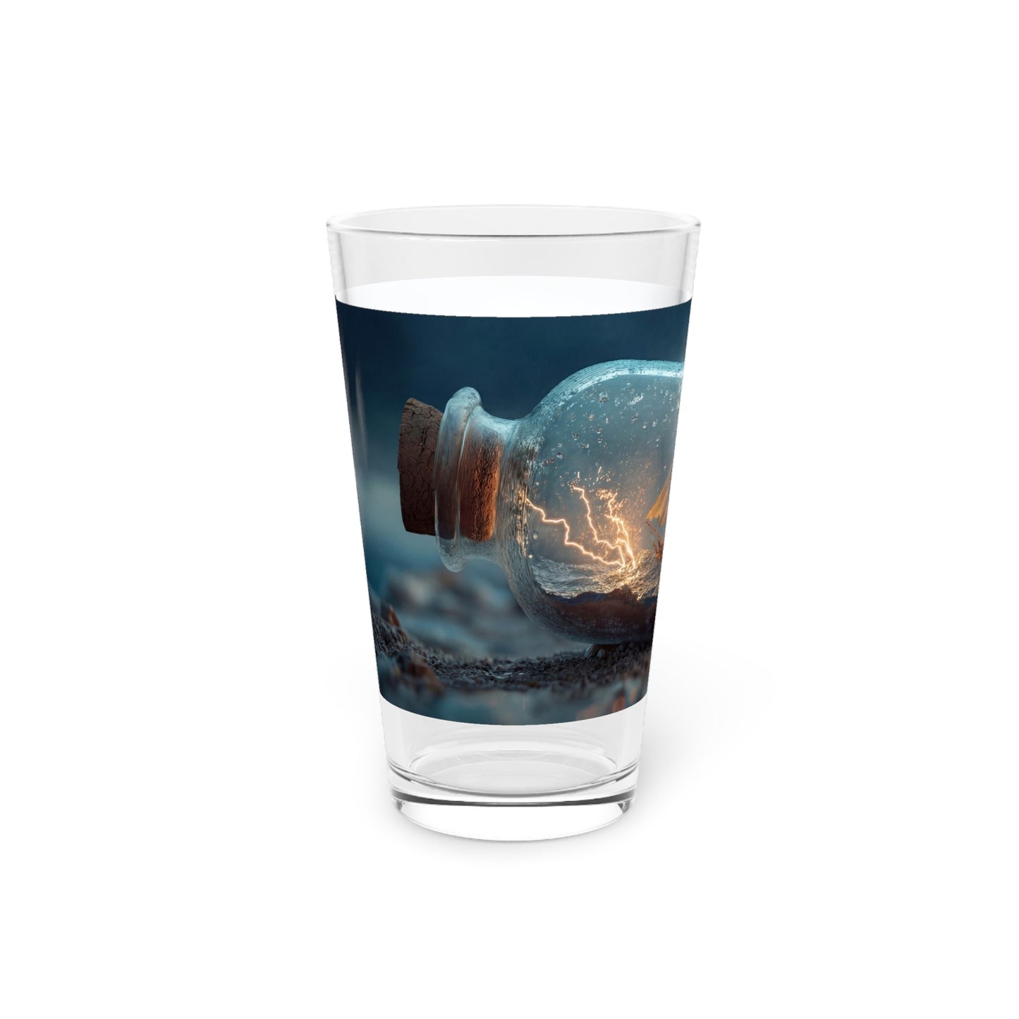 Storm Ship in Bottle Pint Glass – Captured Tempest on a Pebbled Shore