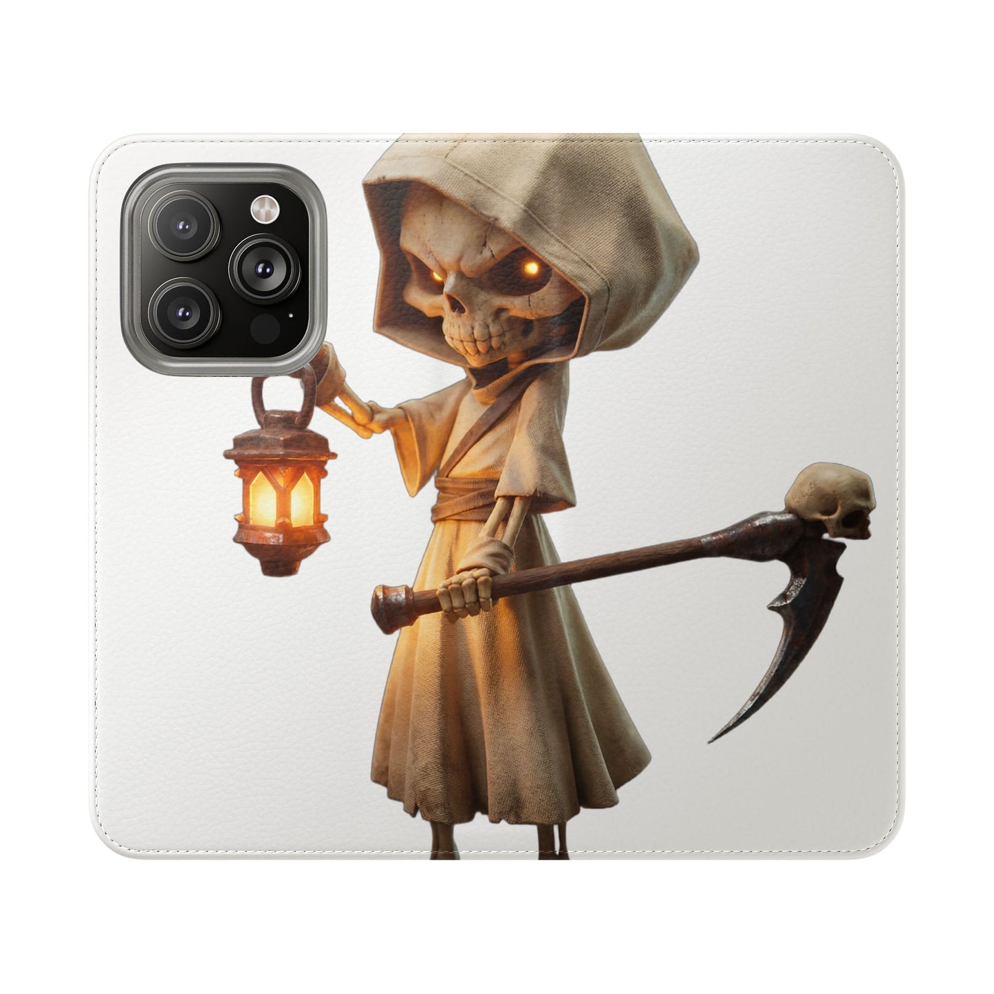 Lantern-Bearing Sentinel Flip Cases – Hooded Guardian with Scythe and Warm Glow