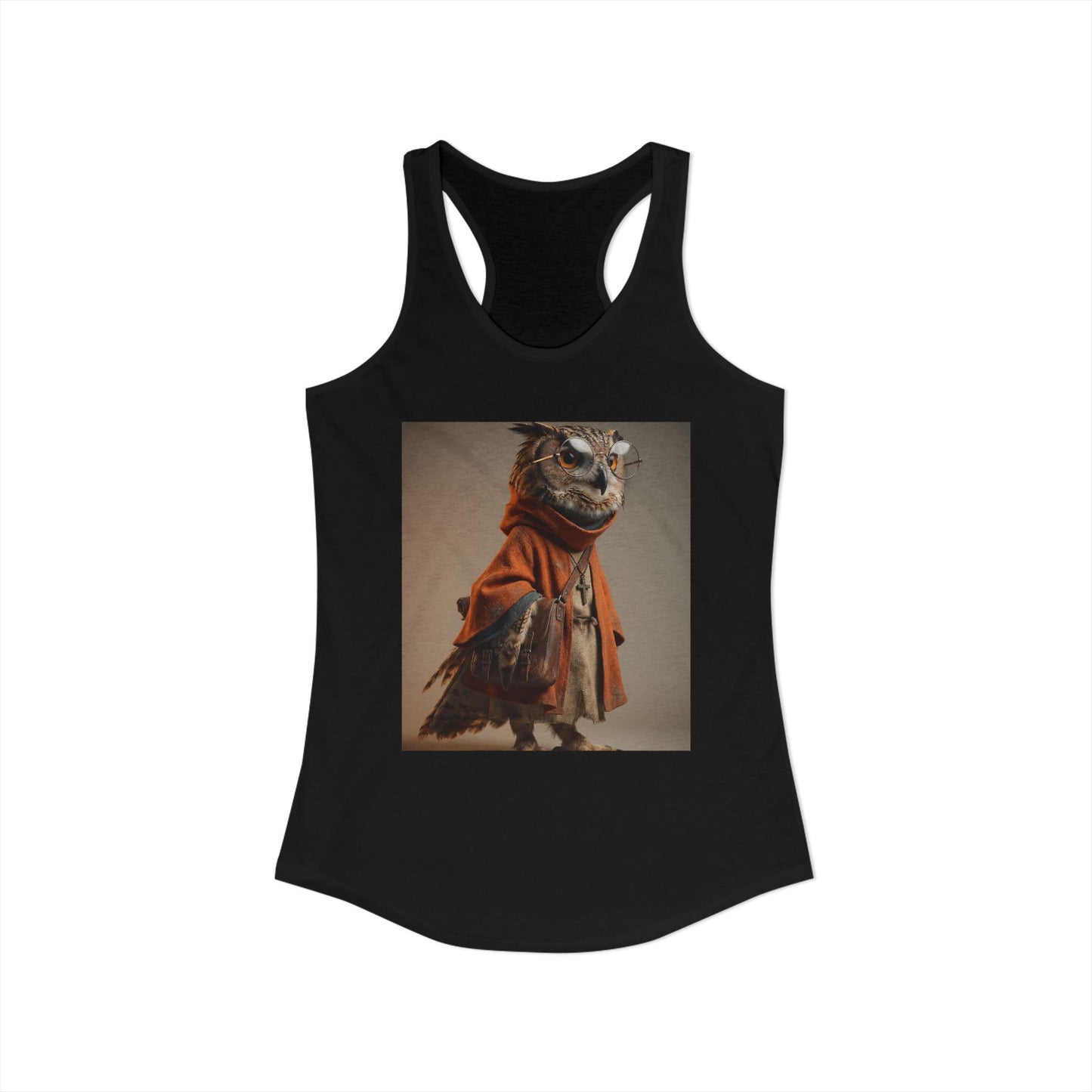Sage Owl Racerback Tank – Scholarly Sentinel with Satchel and Round Glasses
