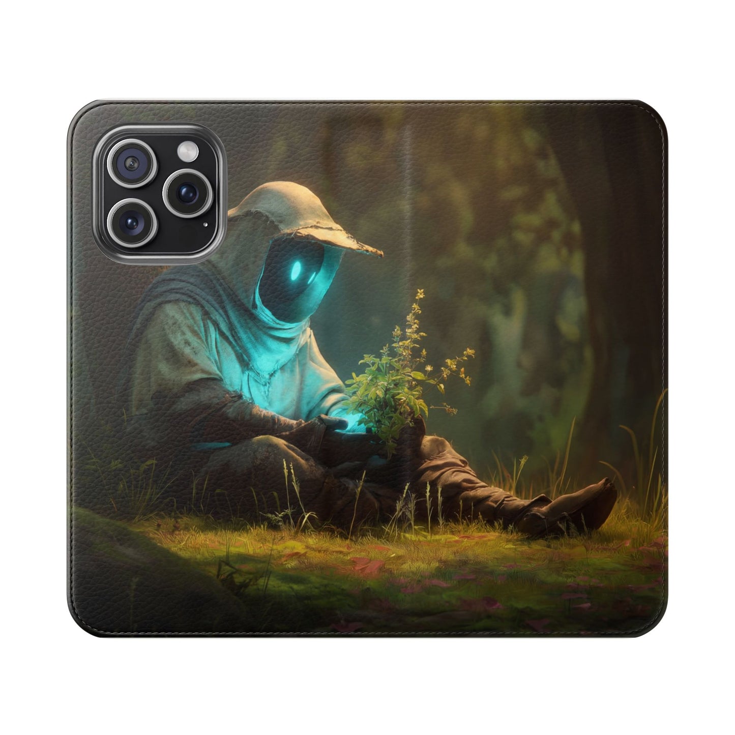 Glowing Orb Hooded Guardian Flip Cases – Bioluminescent Forest Keeper