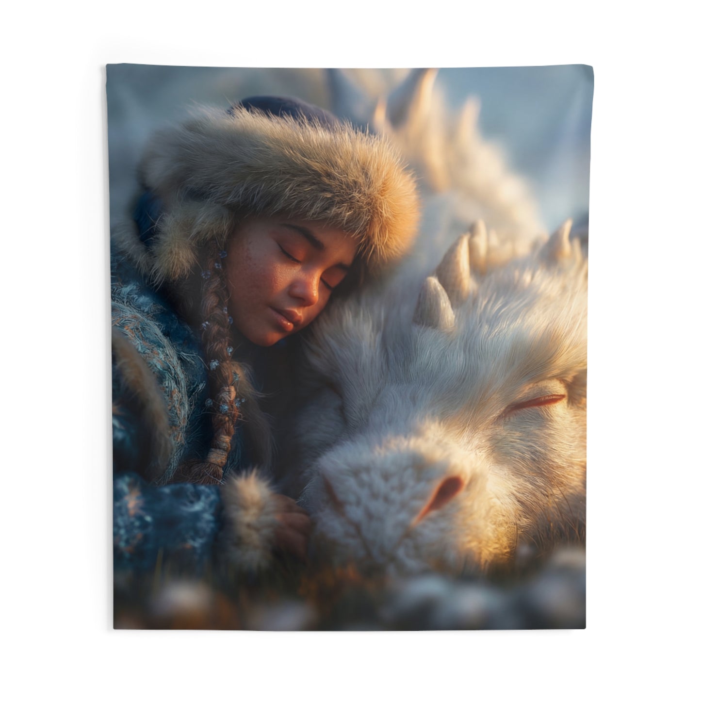 Winter’s Whisper Indoor Wall Tapestries – Child and Dragon in Frost Bloom