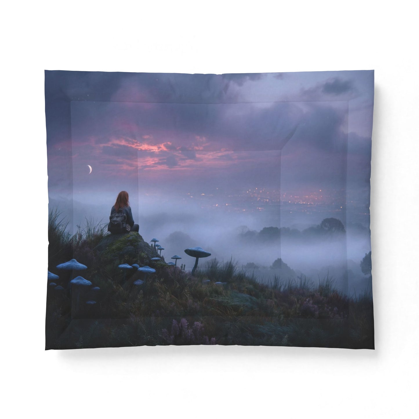 Cliffside Sentinel Cotton Comforter – Twilight Moonlit Forest View