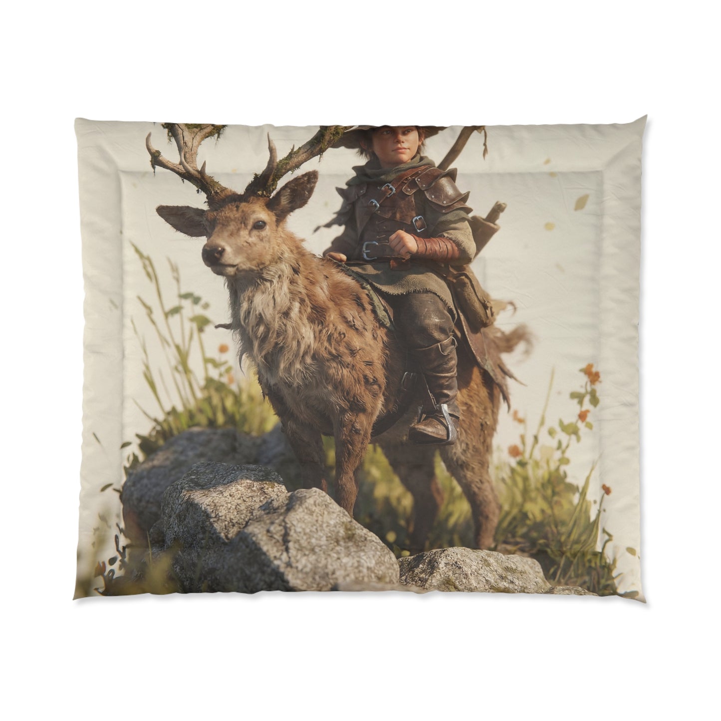 Boy on Stag Comforter – Sunlit Ridge Guardian