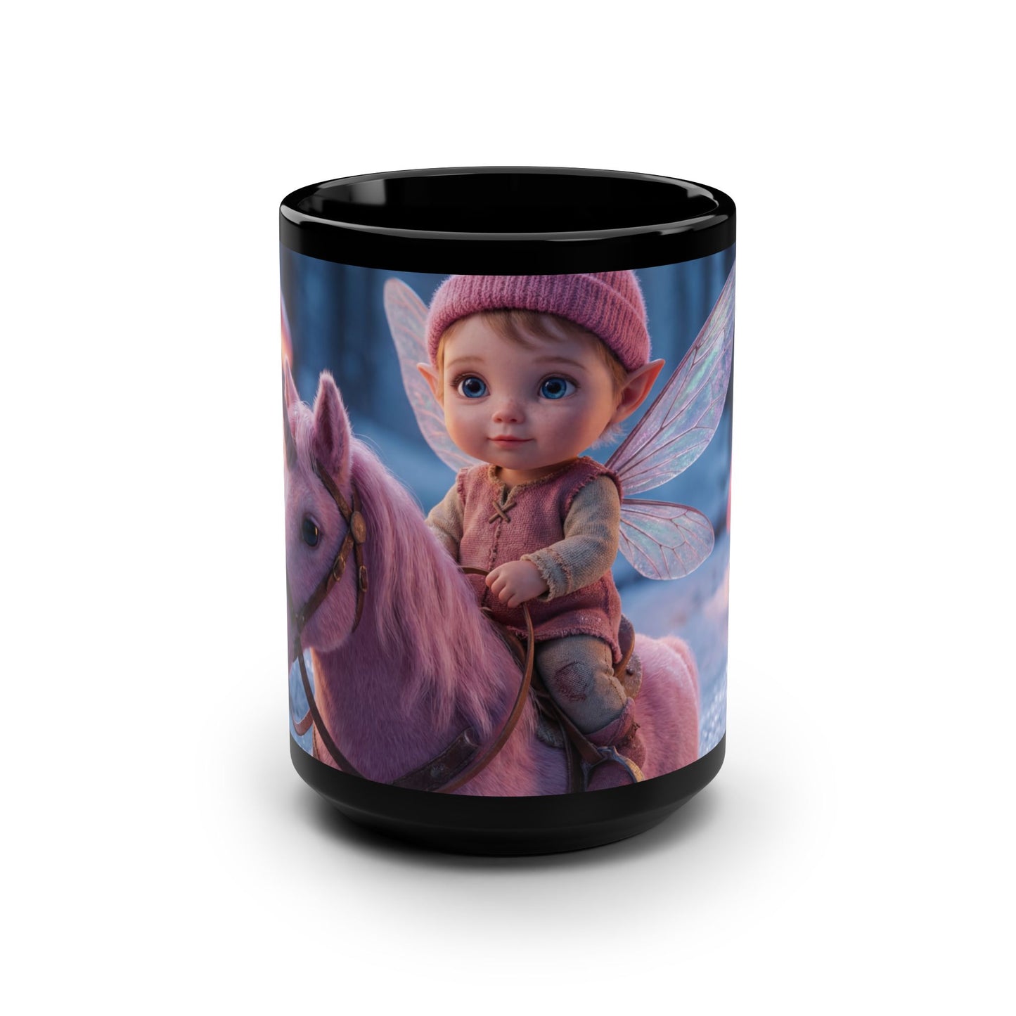 Pink Unicorn & Fairy Child Black Mug, 15oz – Winter Enchanted Forest Companion