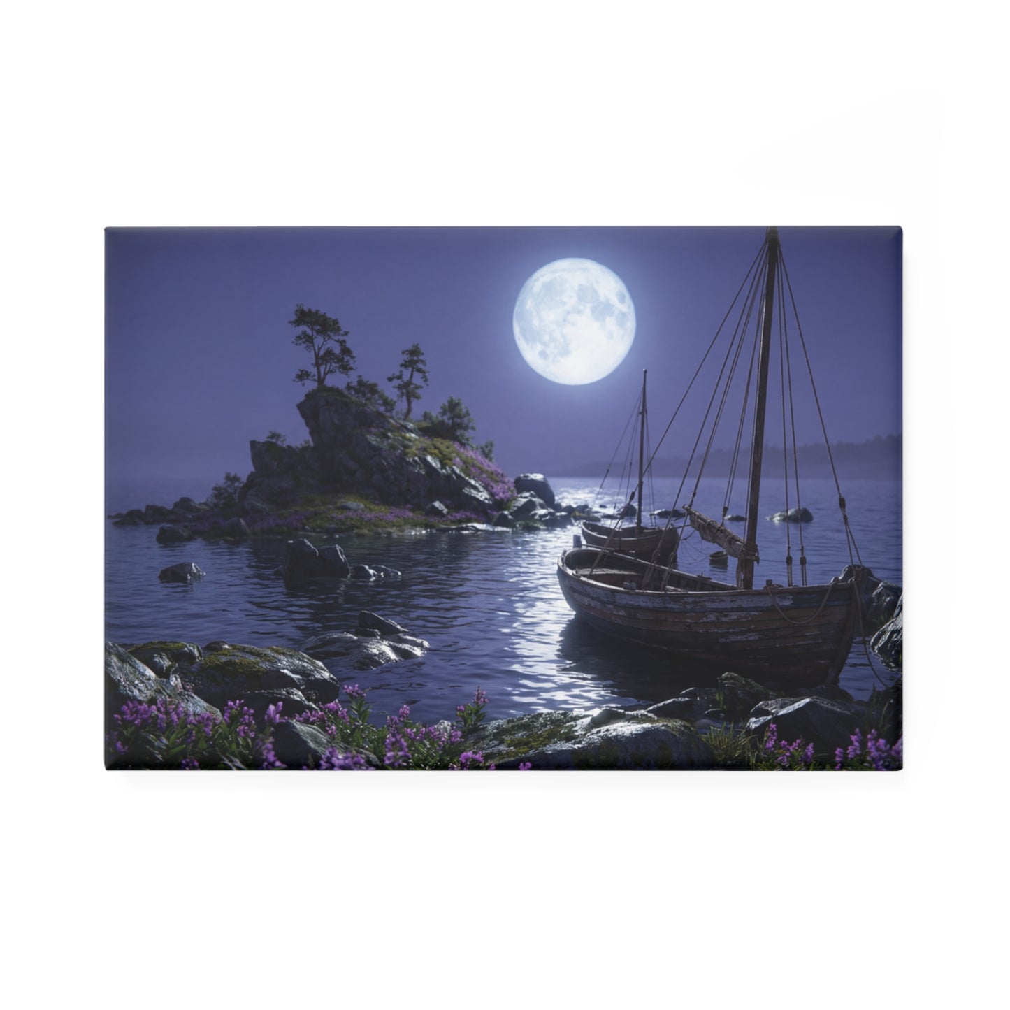 Moonlit Harbor Boats Button Magnet, Rectangle (1 & 10 pcs) – Whispering Waterscape at Dusk