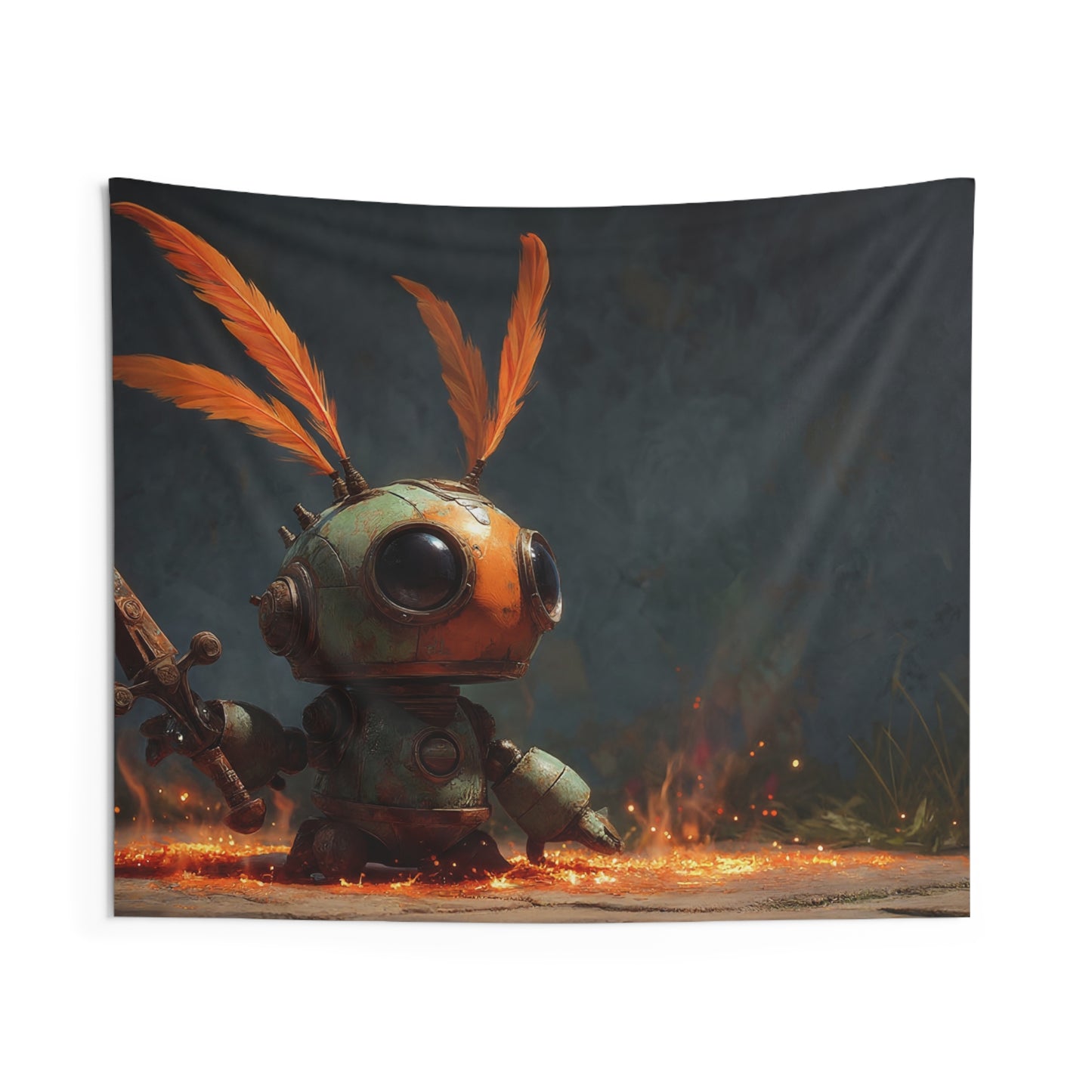 Feathery Robot Sentinel Indoor Wall Tapestries – Warm Glow in the Gloom