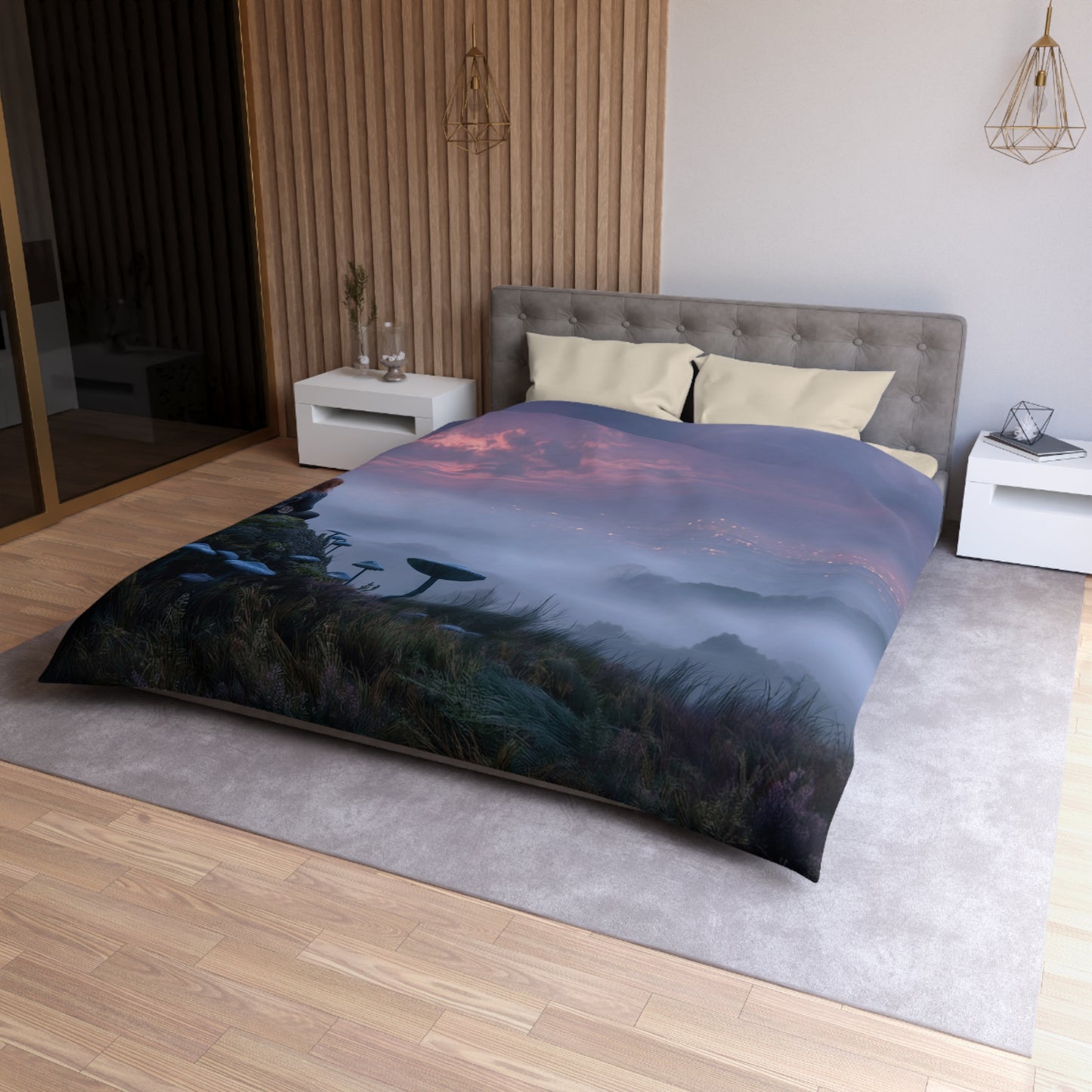 Moonlit Wanderer Microfiber Duvet Cover – Twilight Vista with Bioluminescent Fungi