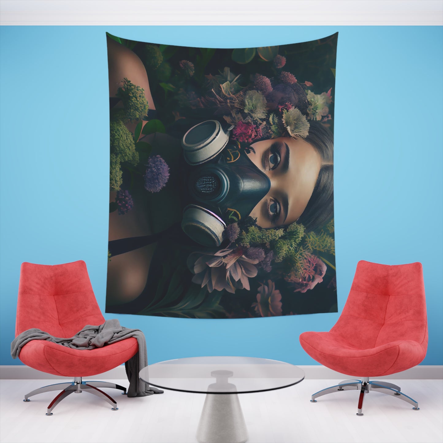 a beautiful woman wearing a gas mask filled with plants and flowers and moss - Printed Wall Tapestry