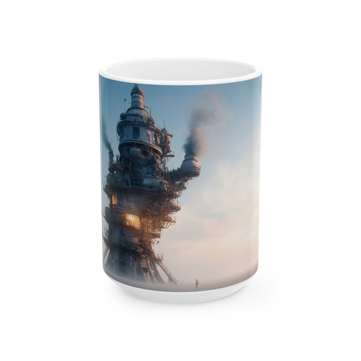 Skyward Steam Tower Ceramic Mug – Dawn’s Industrial Reverie