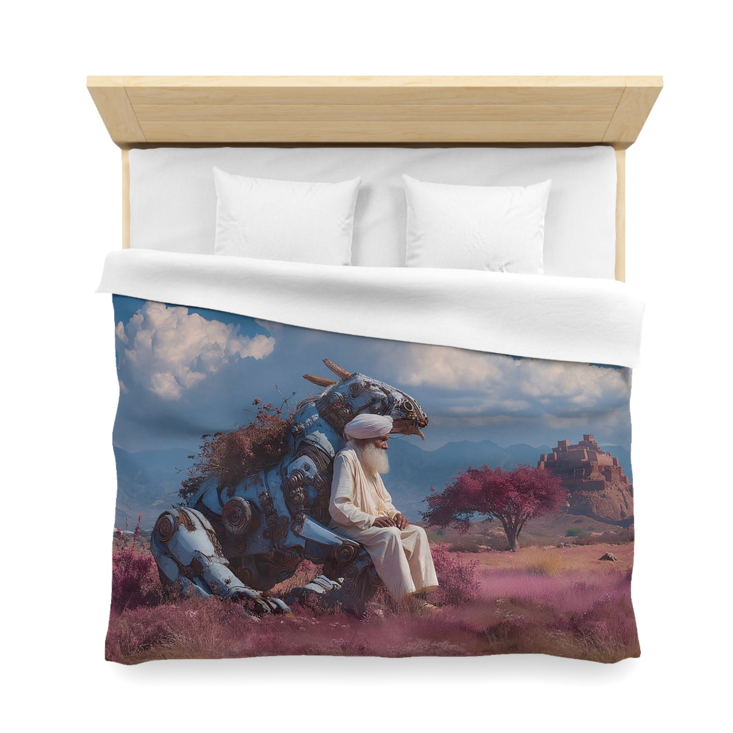 Sage on Mechanical Steed Duvet Cover – Sunset Over Forgotten Ruins