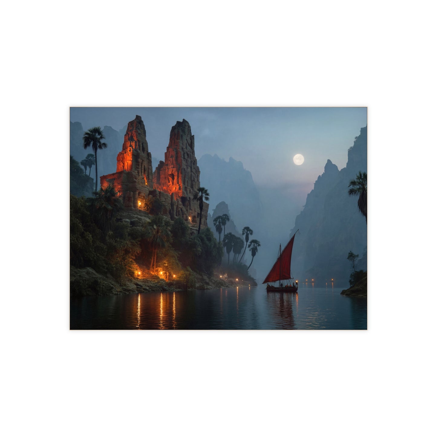 Moonlit Temple Ruins Ceramic Photo Tile – Crimson Glow Through Misty Canyons