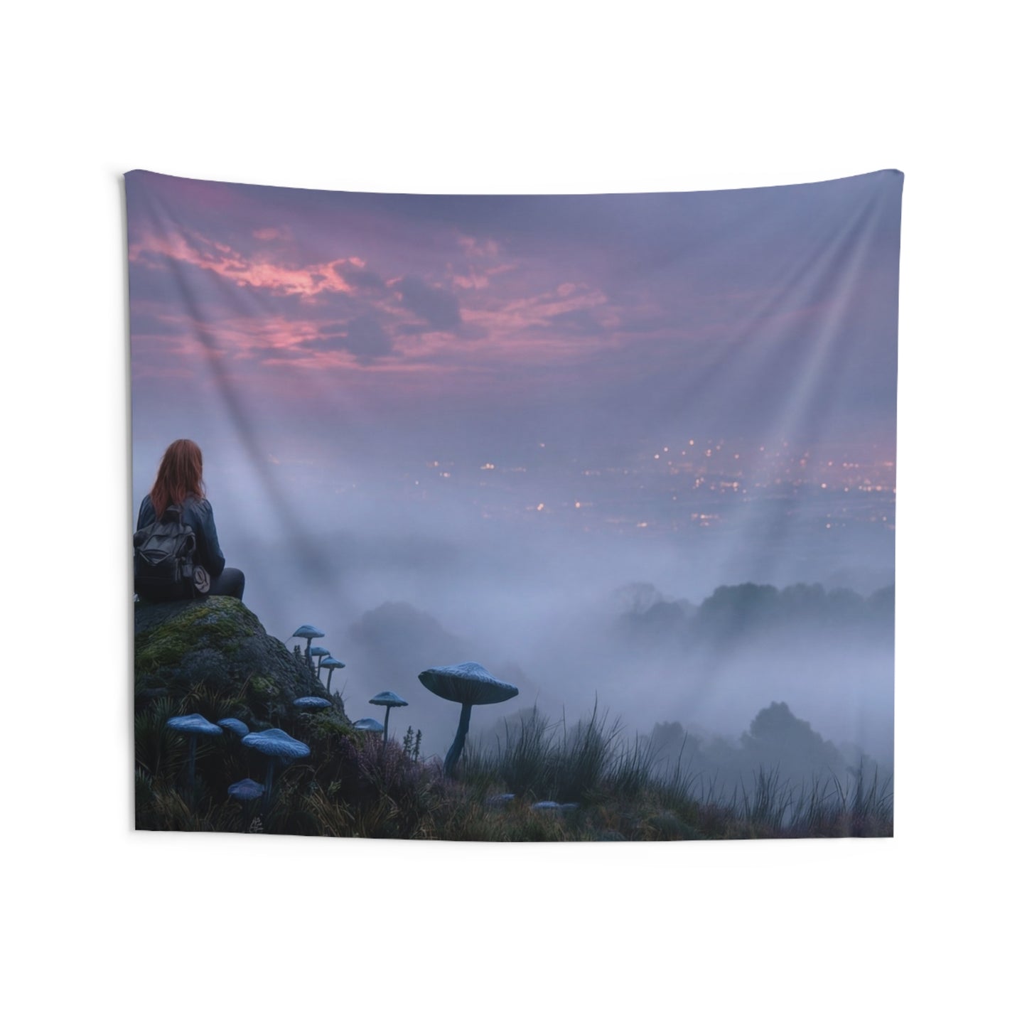Moonlit Wanderer Wall Tapestry – Twilight Meadow with Bioluminescent Fungi