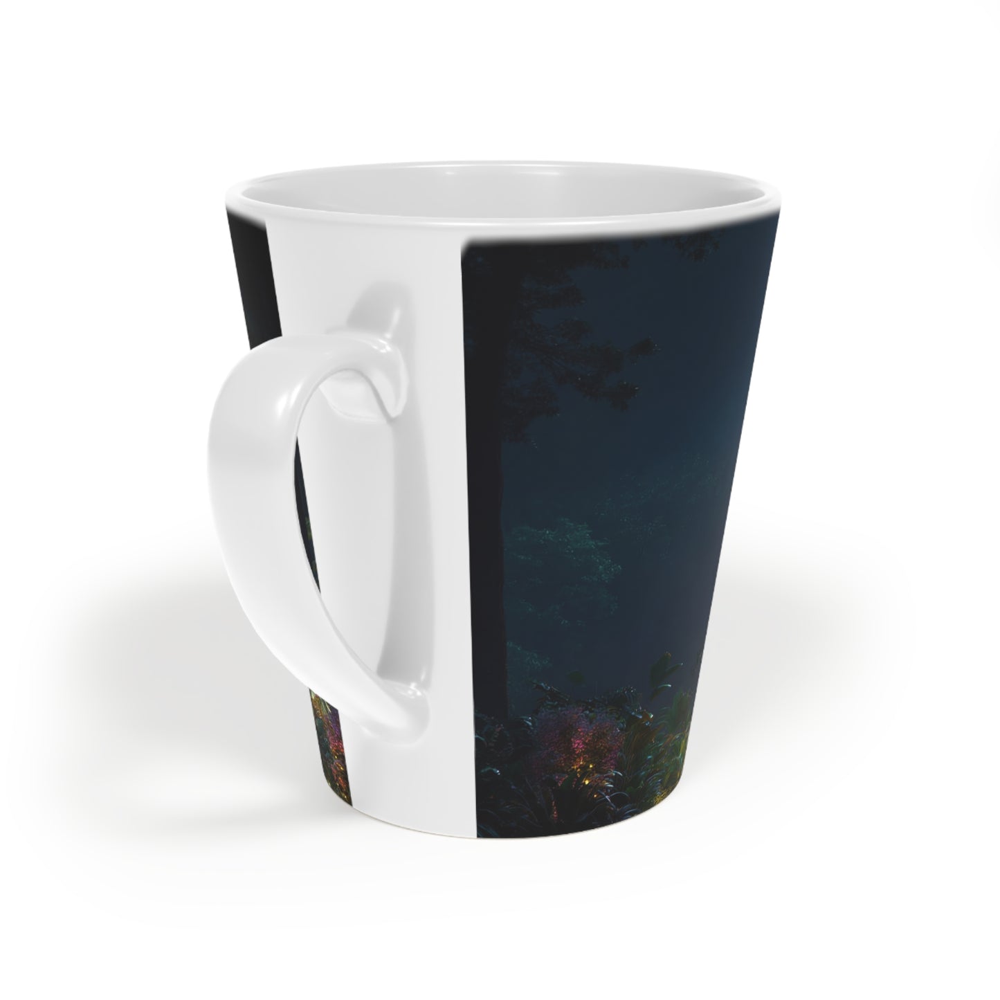 Luminous Floating Island Latte Mug – Amber Glow Through Tropical Night
