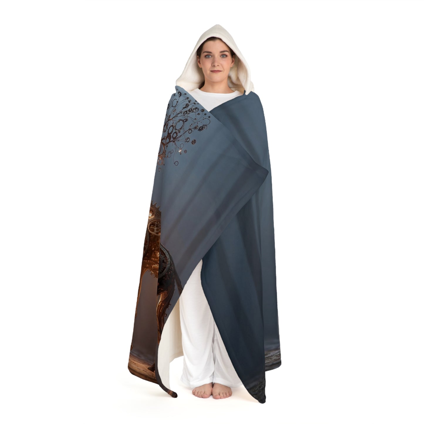 Clockwork Stag Hooded Sherpa Fleece Blanket – Luminescent Forest Sentinel