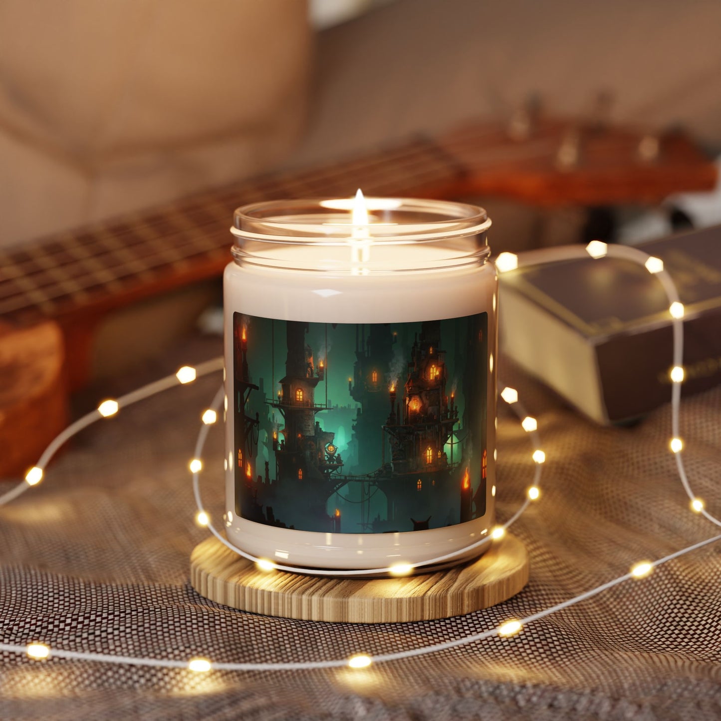Hanging City Scented Soy Candle, 9oz – Amber Glow Through Misty Gears