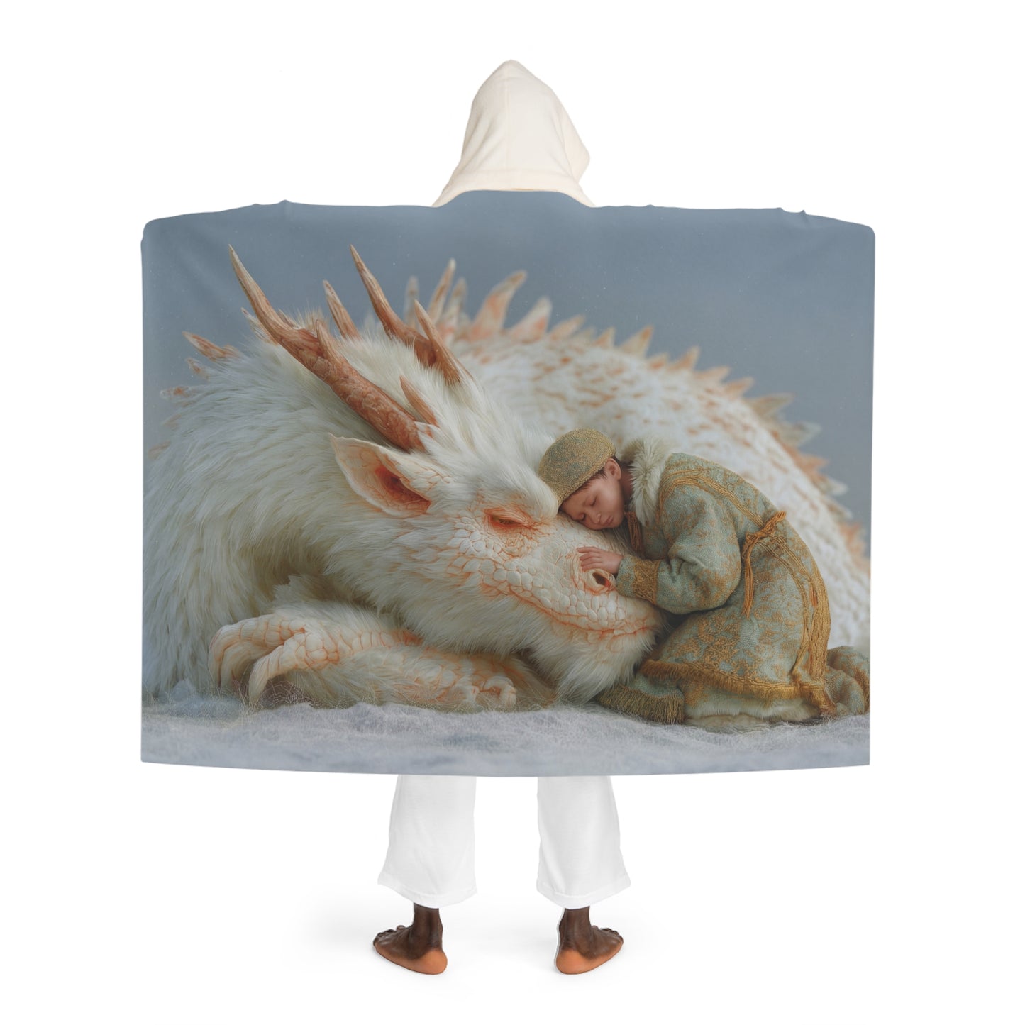 Sleeping Child on White Dragon Sherpa Blanket – Frosty Sentinel’s Quiet Embrace