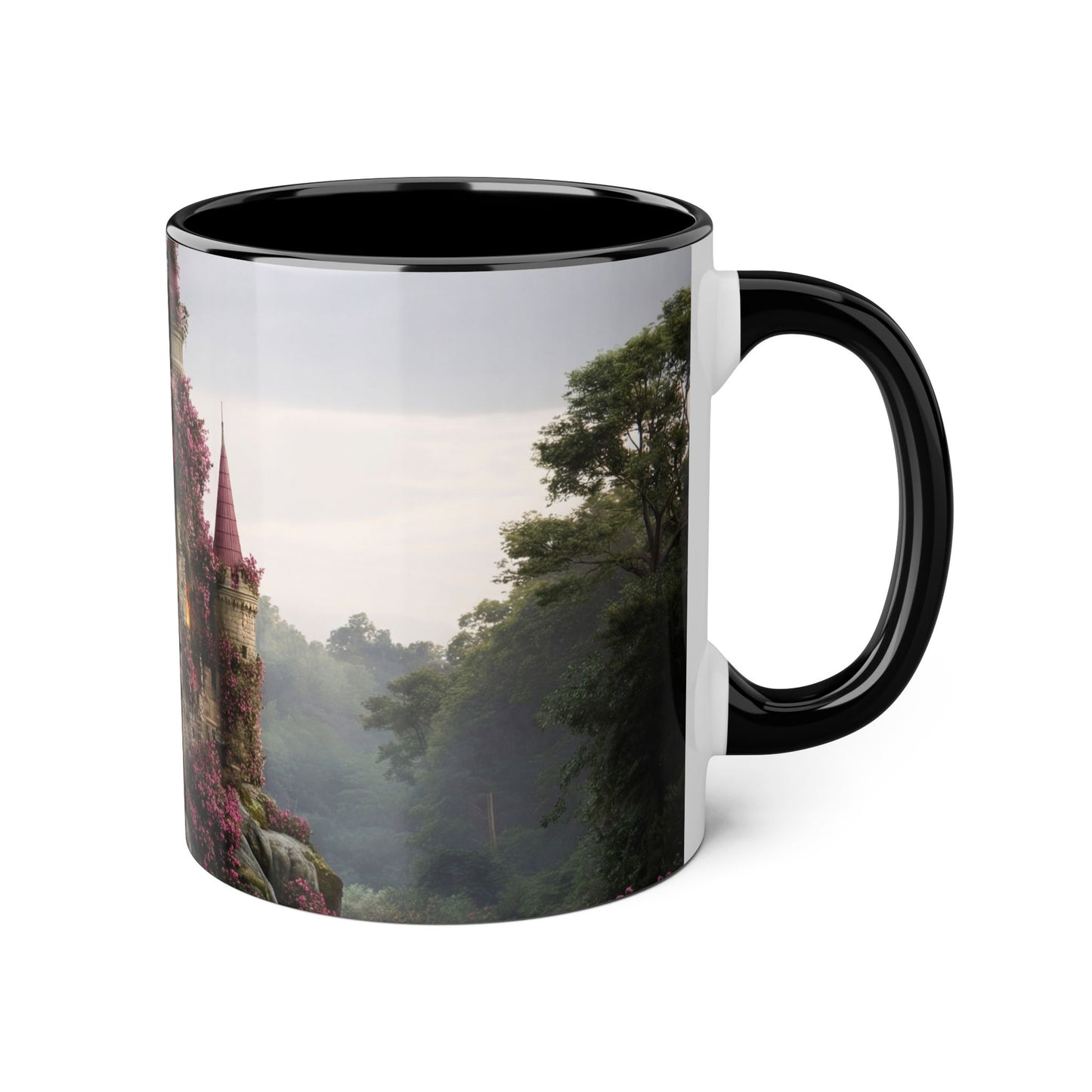 Rose-Covered Tower Accent Mugs, 11oz – Pink Bloomed Gothic Ruin