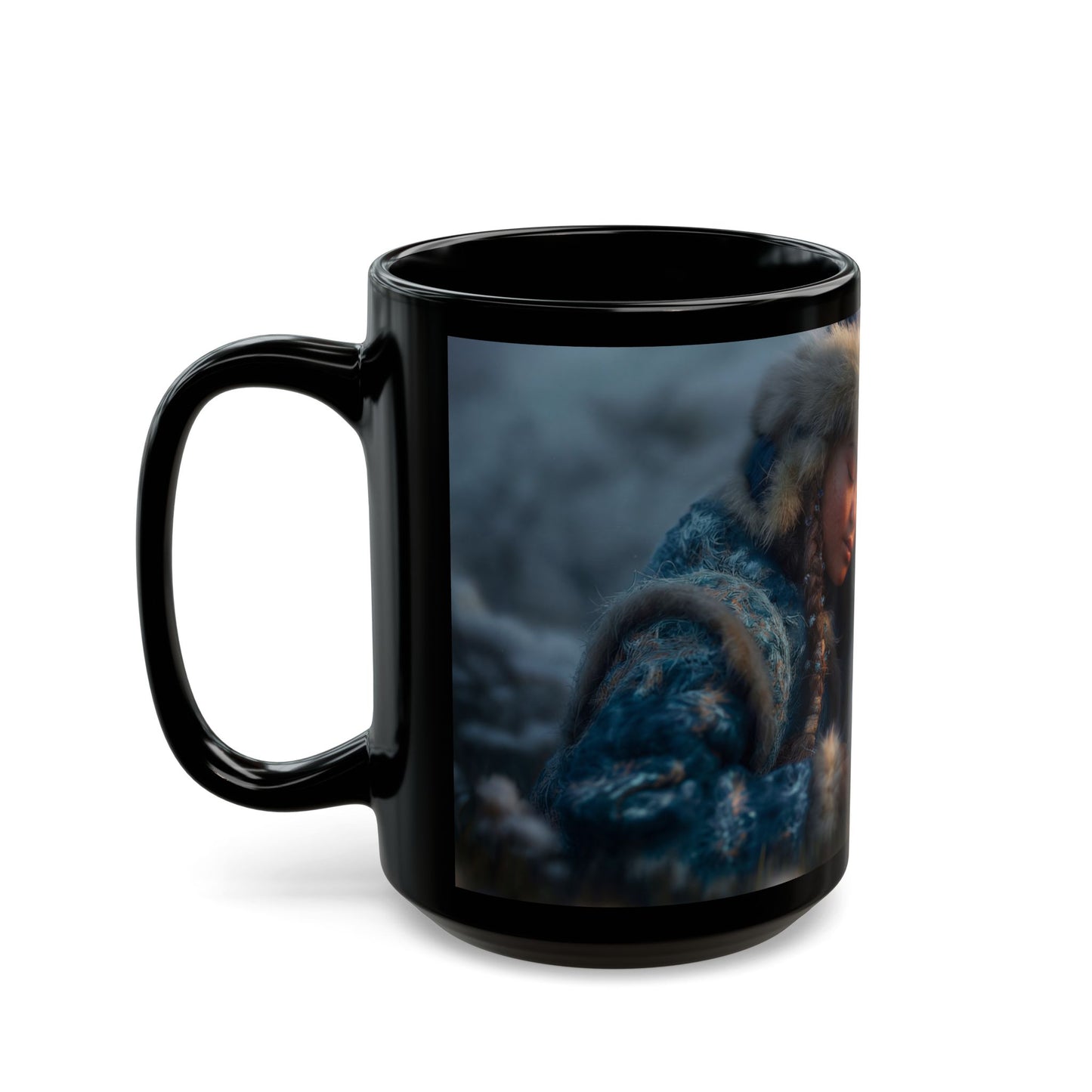 Winter’s Quiet Companion Black Mug – Snowdrift Embrace with Frost-Scaled Dragon