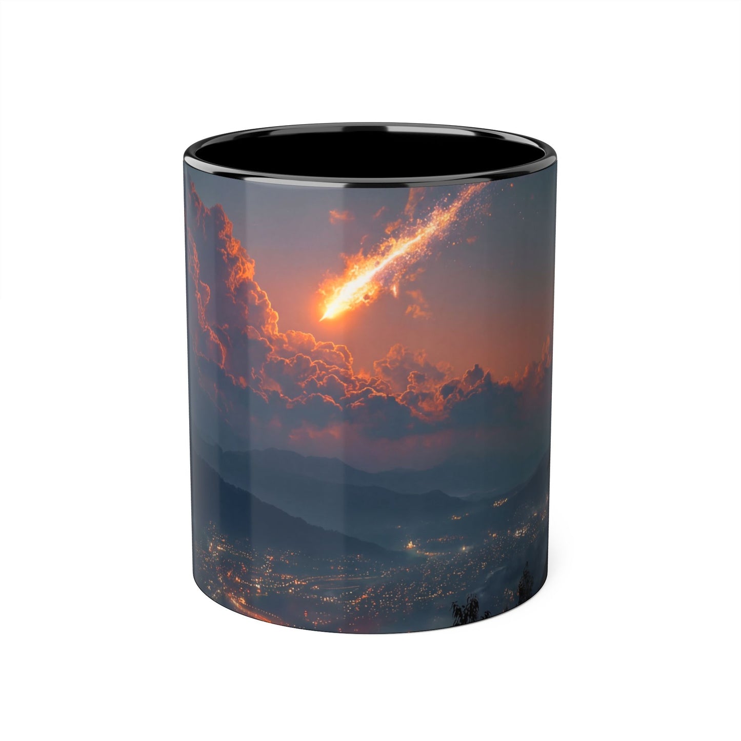 Meteor Over Valley Accent Mugs, 11oz – Fiery Skyfall from Twilight Cliffs