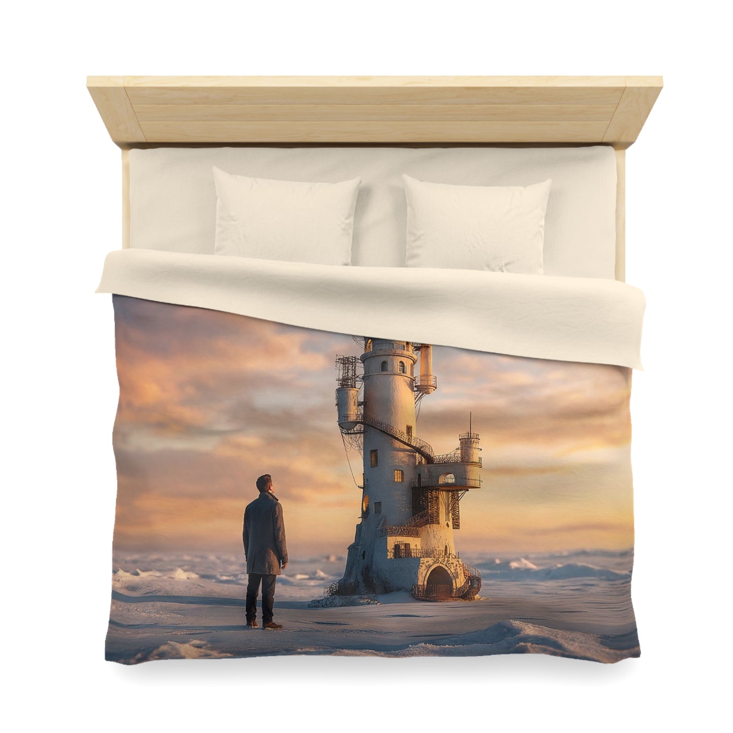 Solitary Lighthouse Duvet Cover – Warm Glow on Frozen Horizon