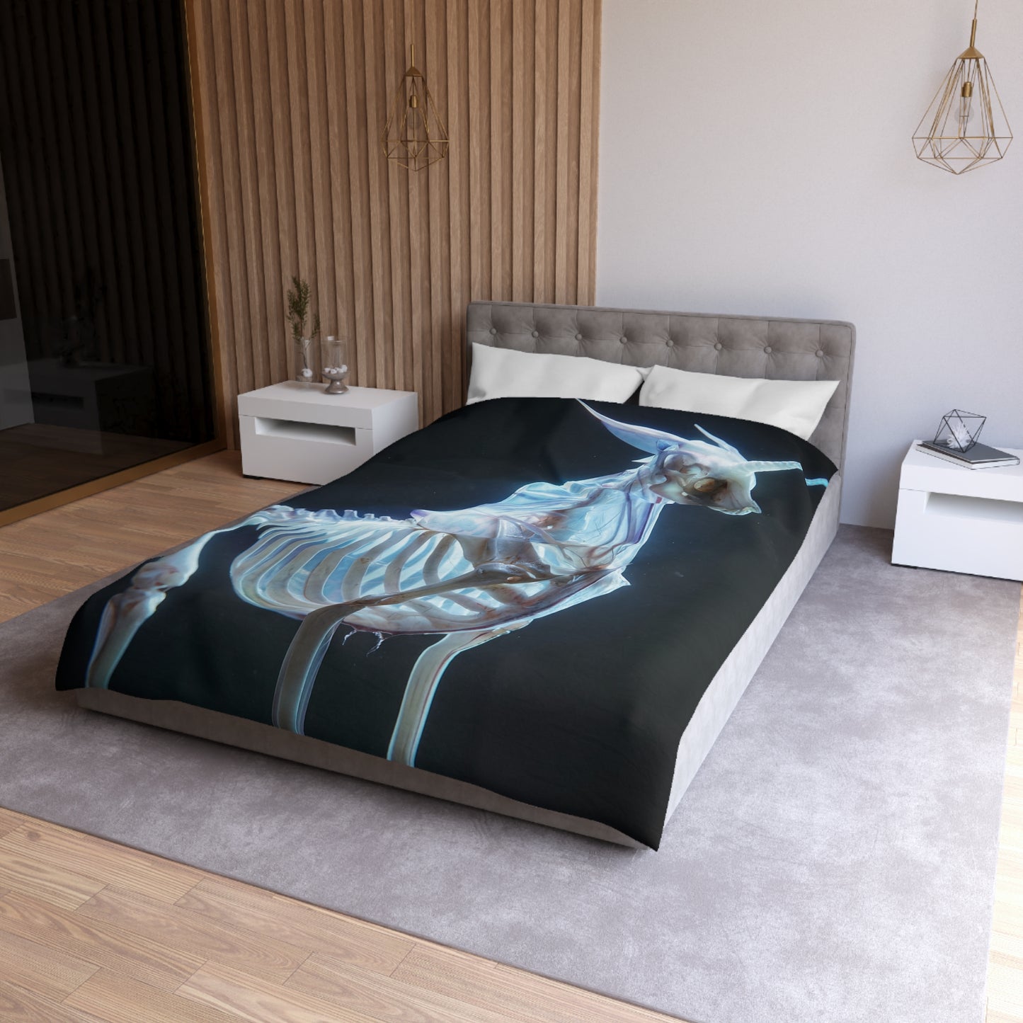 Celestial Unicorn Skeleton Duvet Cover – Ethereal Glow in the Dark