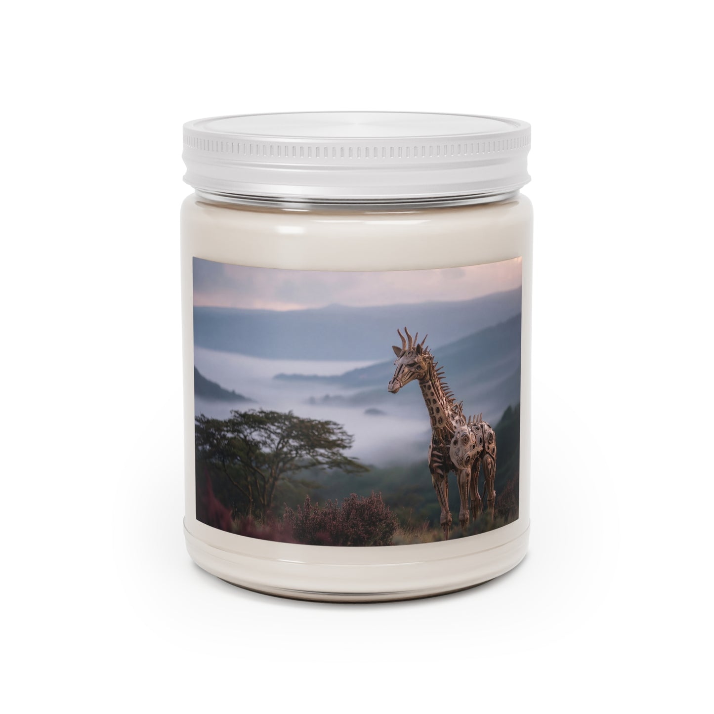 Mechanical Giraffe Scented Soy Candles with White Lid, 9oz – Whispers of the Misty Savannah