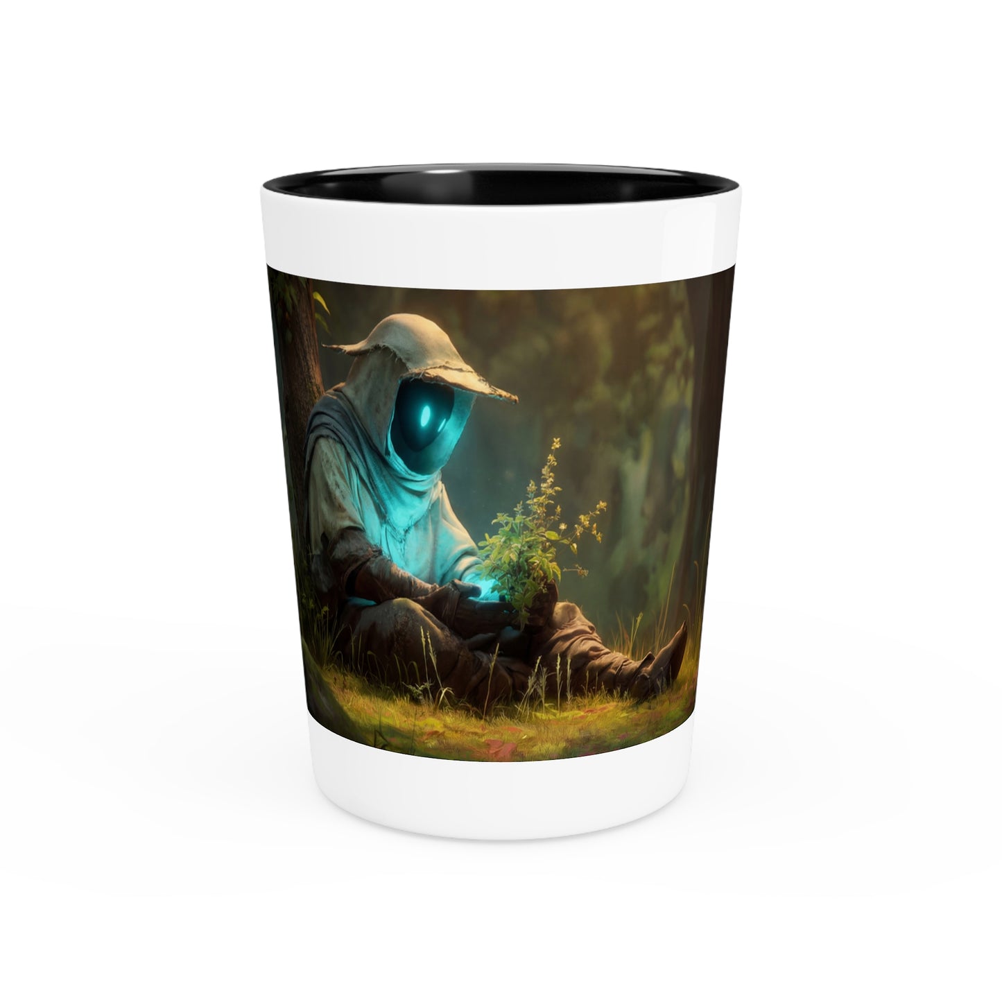 Forest Sentinel Shot Glass – Twilight Guardian with Glow-Cooled Plant