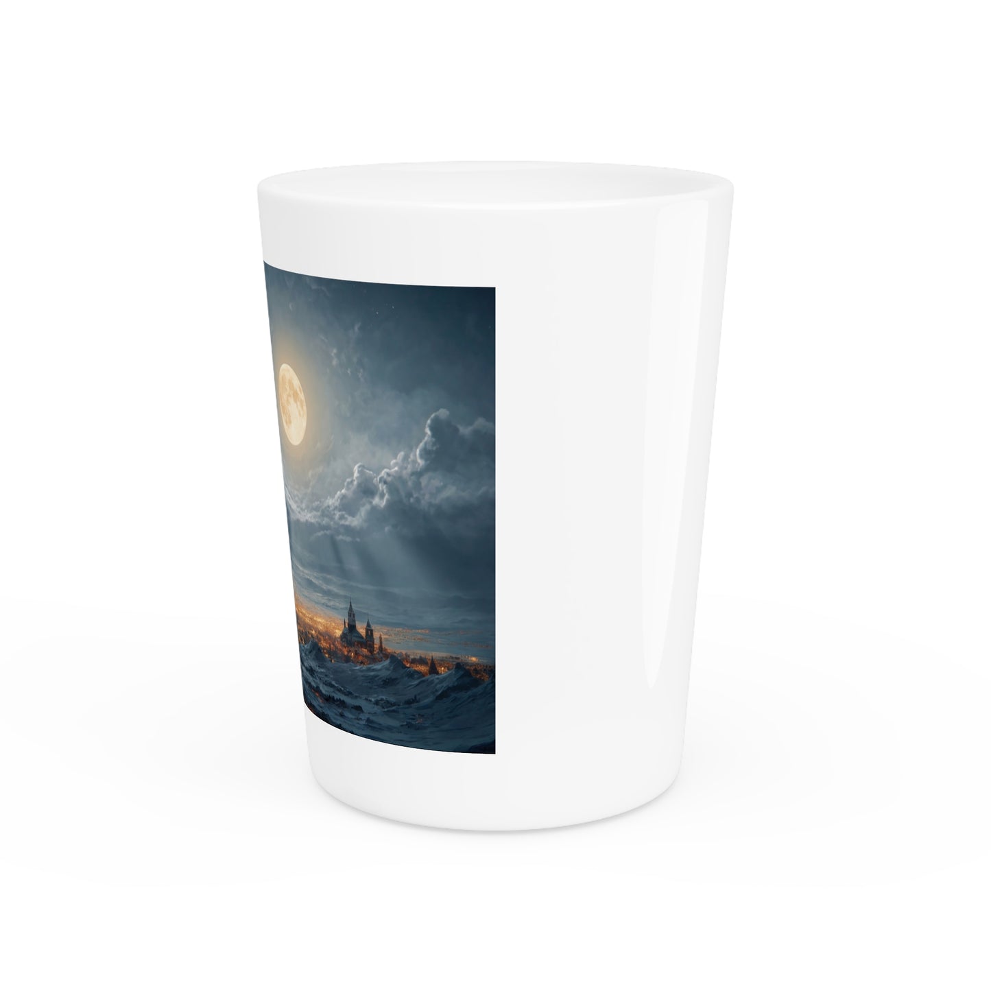 Lunar Sleigh Ride Shot Glass – Midnight Winter Journey Over Snow-Covered Peaks